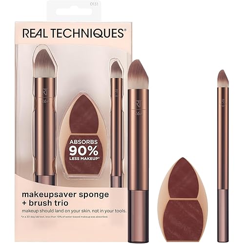 Real Techniques Makeupsaver Sponge + Brush Trio, Makeup Blending Sponge & Brushes For Liquid & Cream Foundation, Natural Finish & Reduces Makeup Waste, Cruelty & Latex-Free, 3 Piece Set
