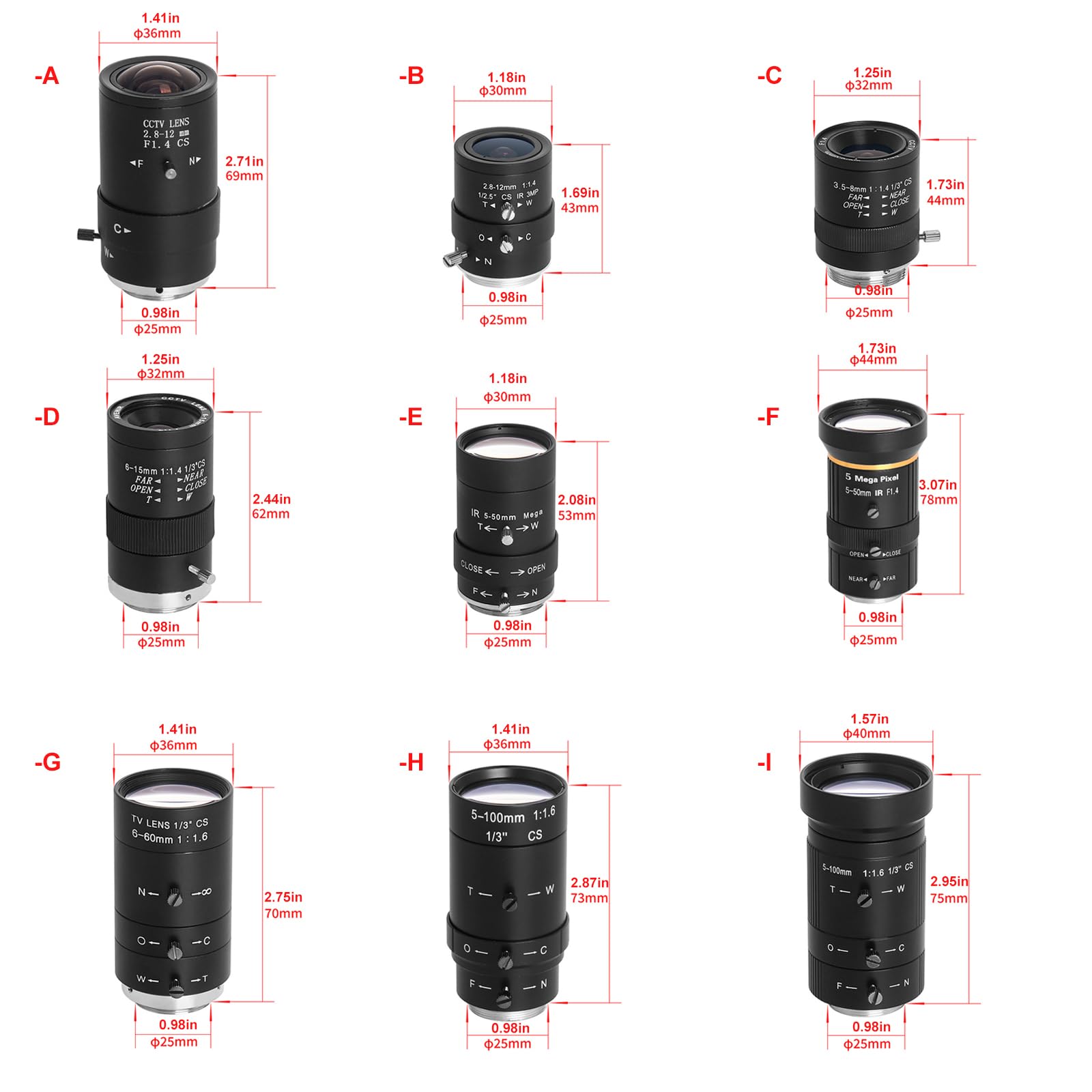 Varifocal - Obiettivo manuale manuale per telecamera CCTV, 2,8-12 mm, 3,5-5 mm, 6-15 mm, 5-50 mm, 6-60 mm, 5-100 mm, accessori per fotocamera, obiettivo di montaggio di programmazione