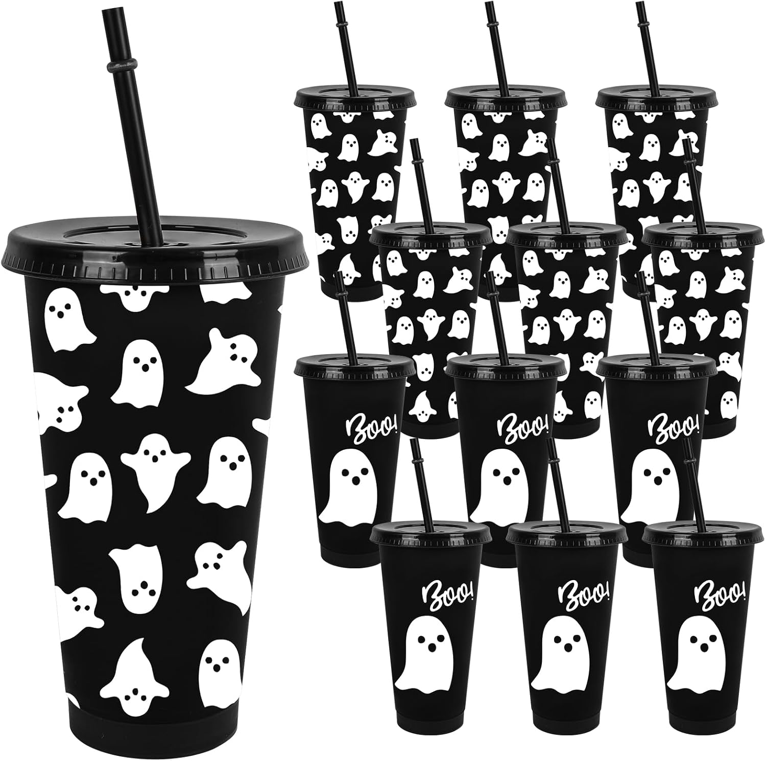 JarThenaAMCS 12 Pcs Halloween Ghost Party Cups with Lids Straws Cute Ghost Boo Plastic Tumblers Black White Reusable Water Bottle for Hot Cold Drinks Birthday Party Baby Shower Table Decor, 24 Oz