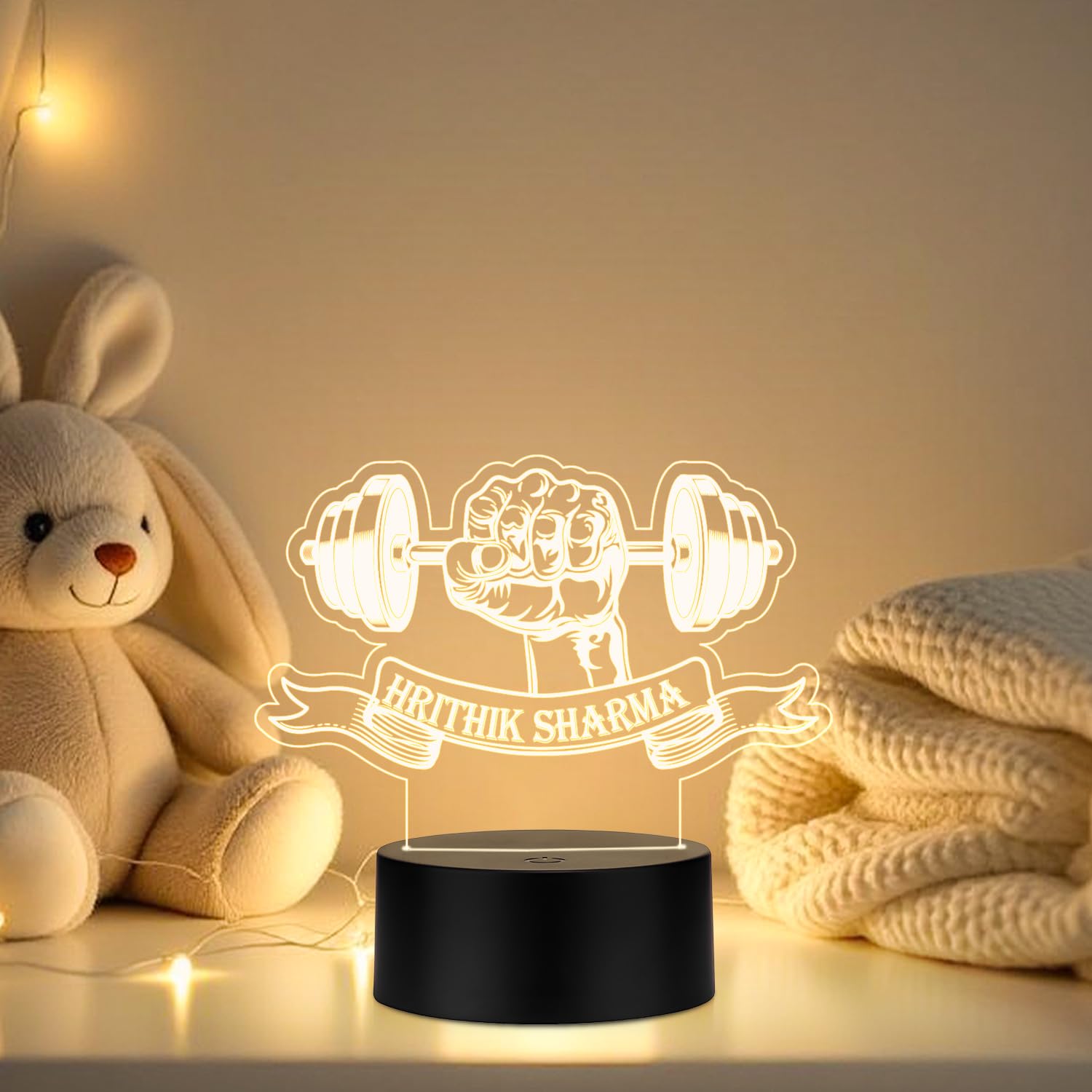 GIFTMEBAZAR 3D Illusion Gym Theme Hand with Weight Fitness Led Desk Table Lamp | Personalized with Name | Gift for Gym Lover & Gym Trainer | Warm White Light & USB Powered-picture-10
