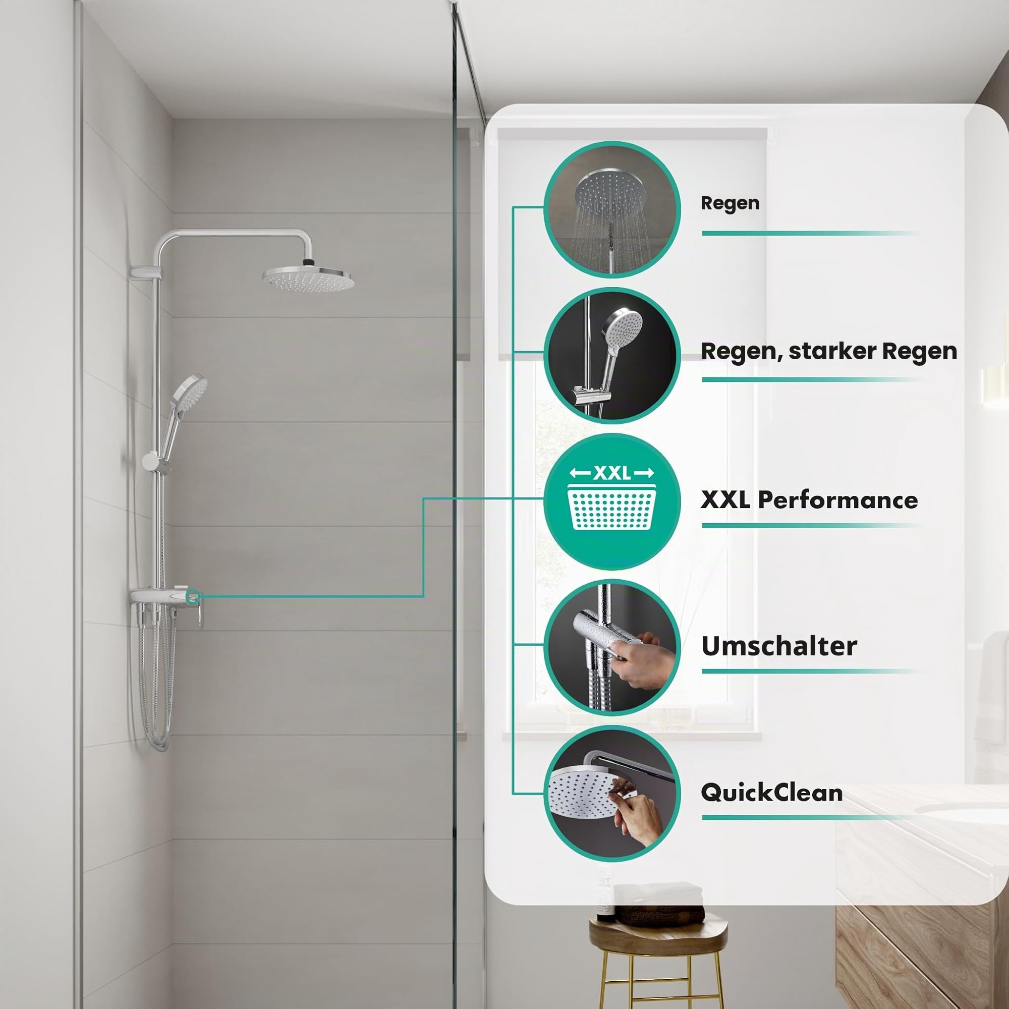 hansgrohe Vernis Blend - wassersparendes Duschsystem (EcoSmart) ohne Armatur, Regendusche (205 mm) mit Umsteller, Handbrause, Schlauch, Brausestange und runder Kopfbrause, Chrom, 26099000