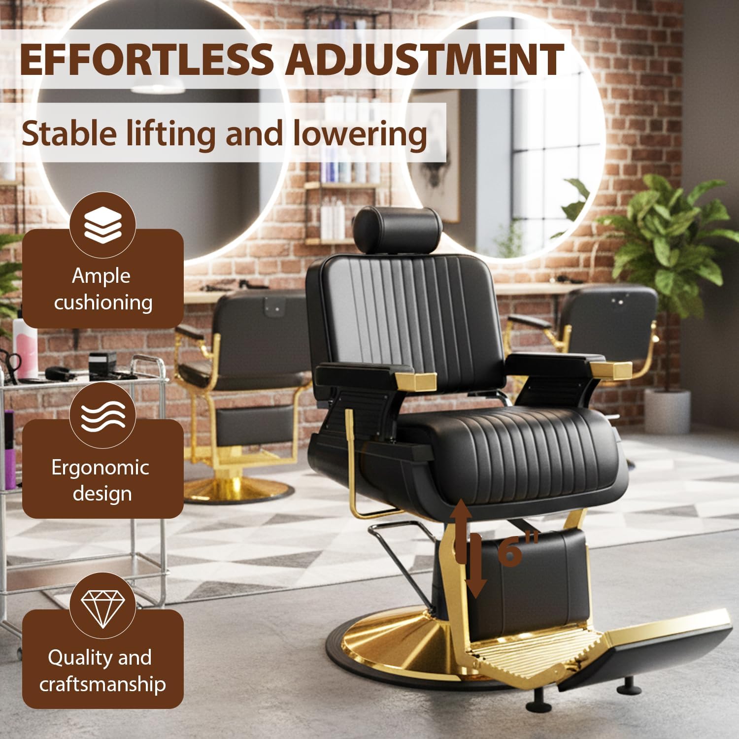 Vintage Barber Chair, Reclining Barber Chair for Barbershop, Heavy Duty Hydraulic All Purpose Salon Chair Hair Stylist w/Removable Headrest, Professional Beauty Spa Shampoo Equipment, Black Gold