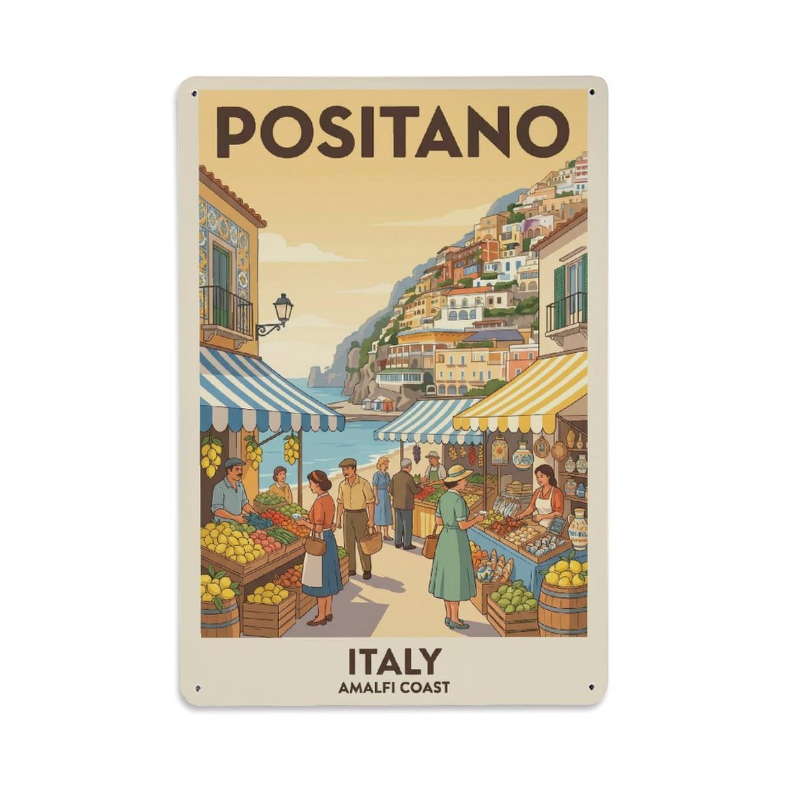 Vintage Travel Positano Italy Morning Metal Tin Sign Plaque Wall Decor for Cafe, Club Bar, Office, Garden Metal Poster 8x12Inch
