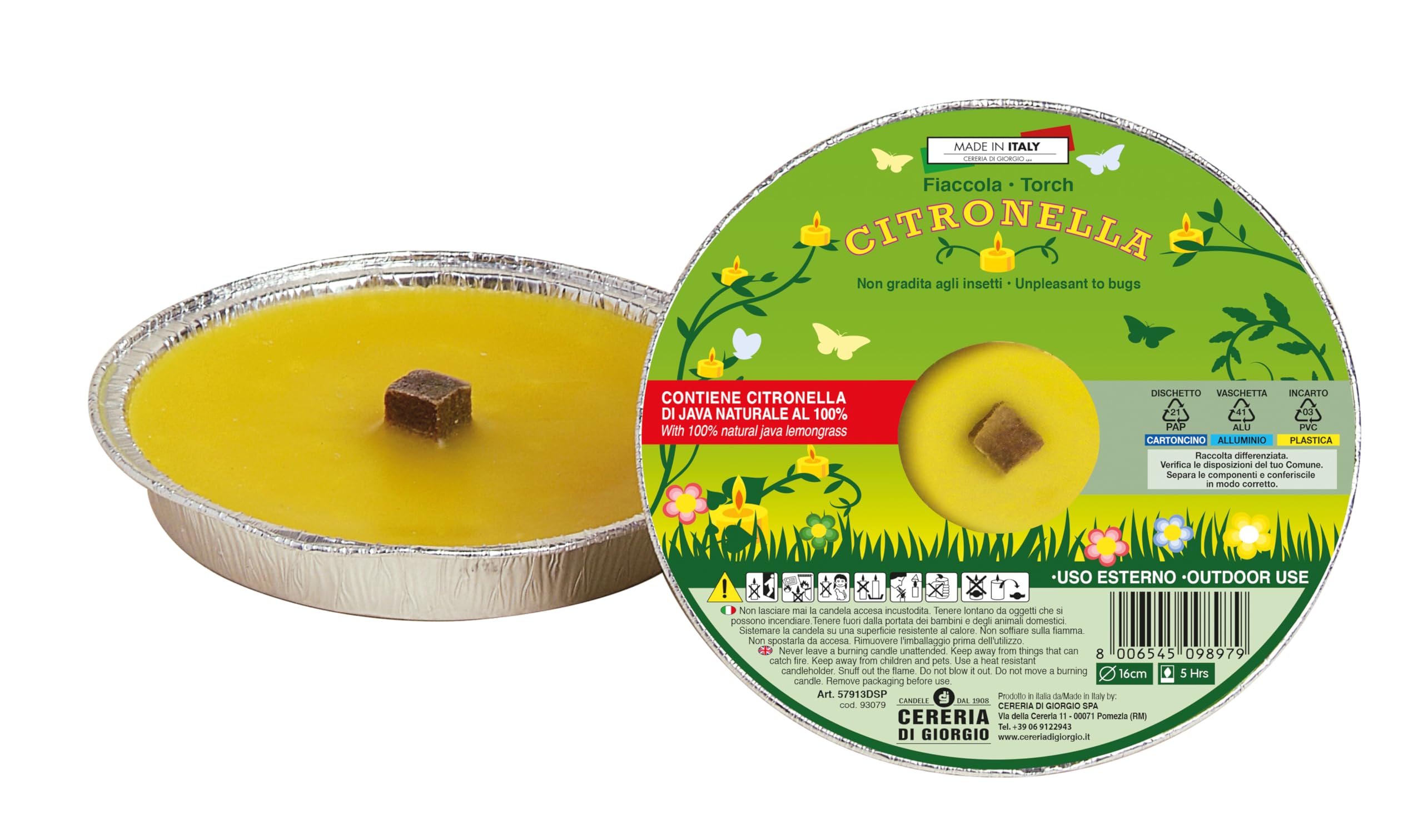 Cereria Di Giorgio - 32 fiaccole in alluminio alla Citronella di Java 100% Naturale - Anti zanzare e insetti - Diametro 16 cm - Durata 5 ore