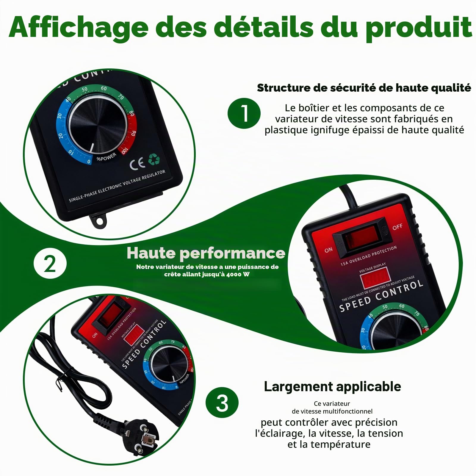 Variateur de Vitesse pour Moteur 220V AC 15A 4000W SCR Régulateur de Tension, Variateur de Frequence pour Moteur Contrôleur de Vitesse du Ventilateur Meuleuse d'Angle Souffleur Perceuse Manuelle Scie