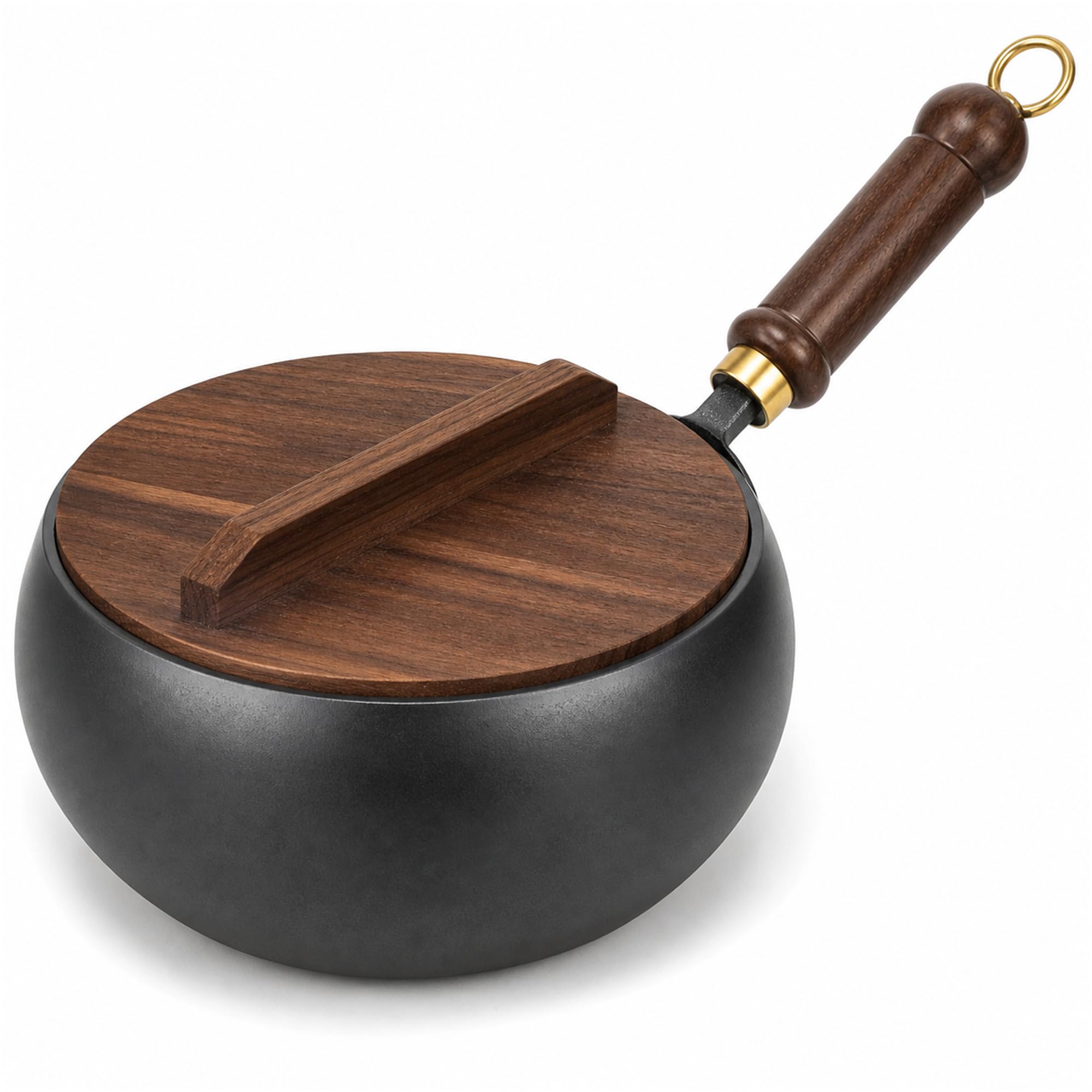 9Inch/24cm Uncoated Iron Pan with Wooden Lid, Hand Forged Non-Stick Big Belly Pot, Japanese Pot, Frying Pan for High-Heat Frying/Gas Stoves/Induction Hobs
