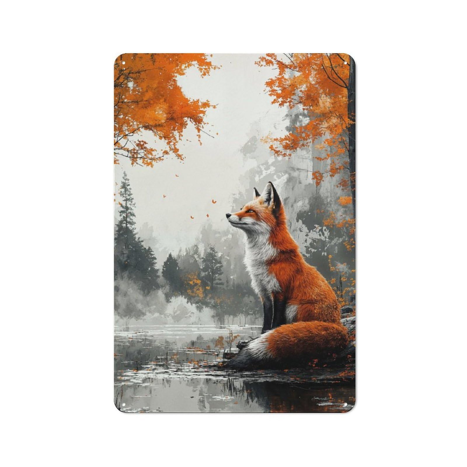Junmoney Style-11 Metal Sign 30X20cm With Fox In Autumn Landscape For Workshop Wall, Vintage Decor, For Vintage Wall Decor Fans, For Metal Sign Collectors