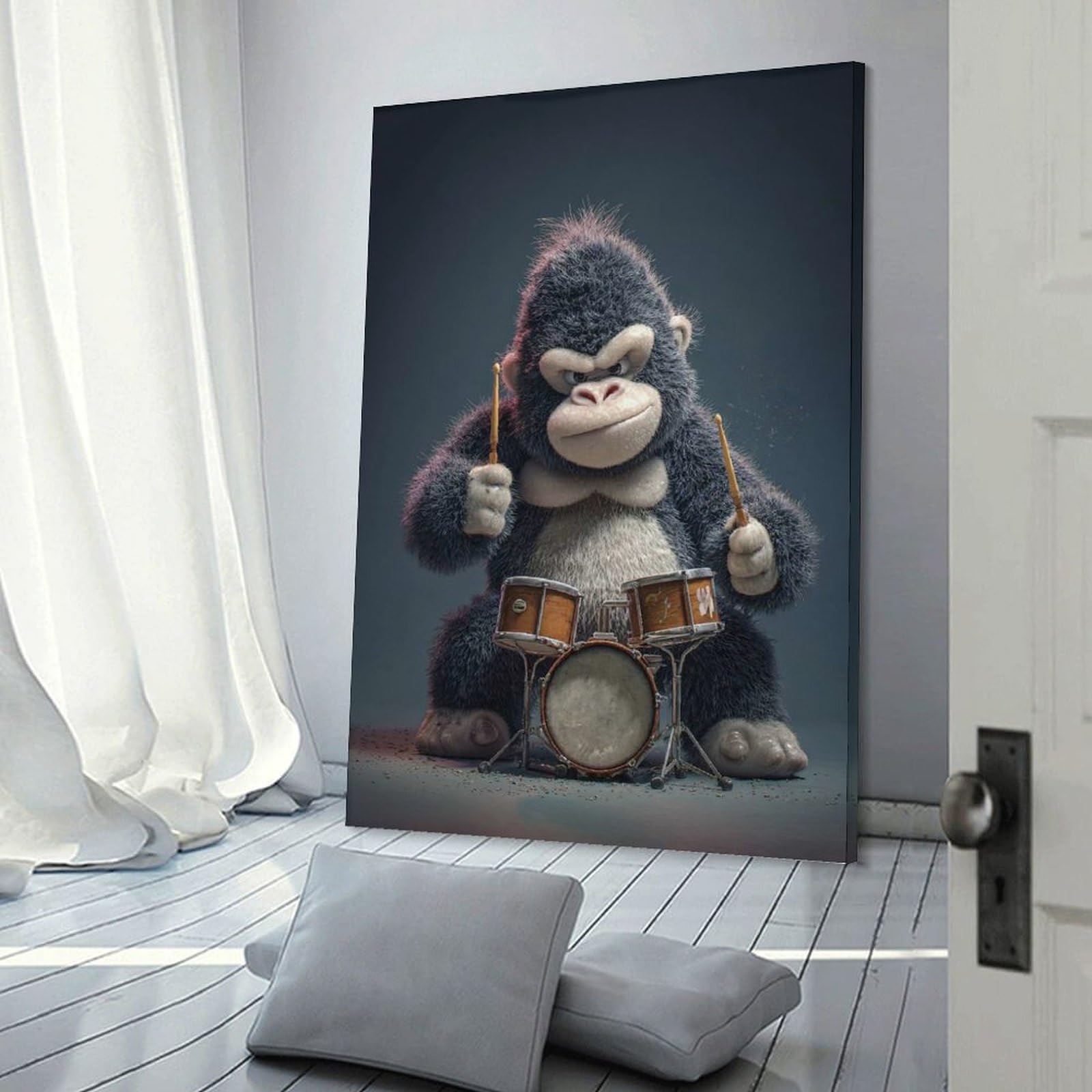Junmoney Cartoon Gorilla Playing Drums Home Decor Wall Art 24x36inch(60x90cm), for Living Room, Lounge Or Sitting Room, A Home Accent with Warm Character