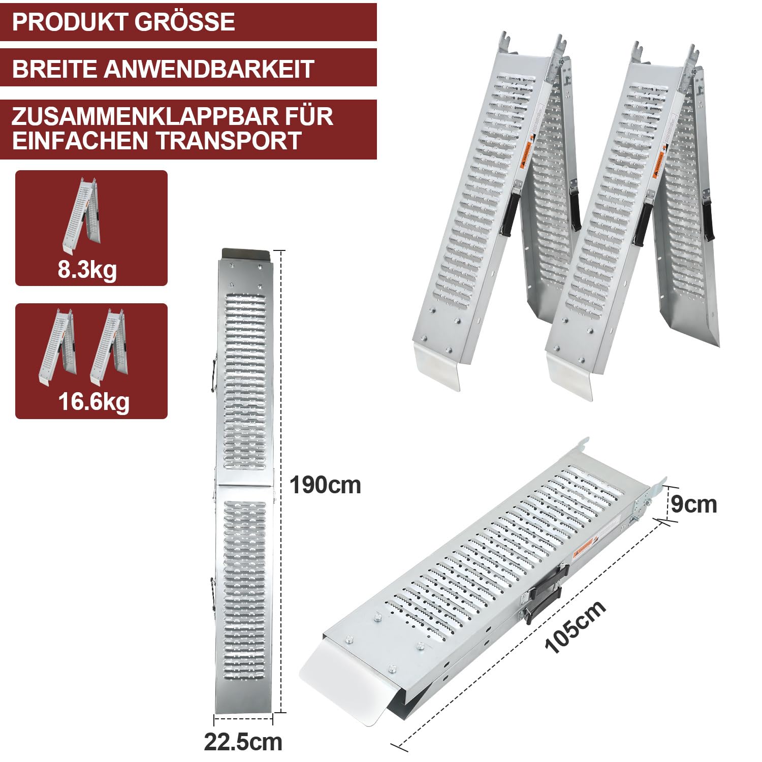 Rampa plegable de 2 unidades, capacidad de carga de 400 kg, 190 × 22,5 × 4,5 cm, rampa de acceso para coches y coches, rampa de carga para motocicleta, cortacésped y silla de ruedas
