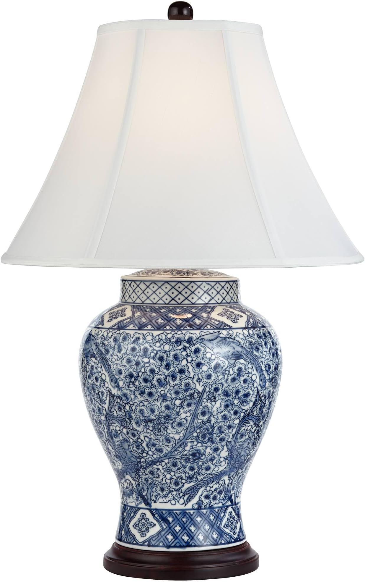Barnes and Ivy Shonna Asian Chinese Ginger Table Lamp 27" Tall Porcelain Blue White Bird and Twig Bell Shade Decor for Living Room Bedroom Home Bedside Nightstand Home Office Entryway