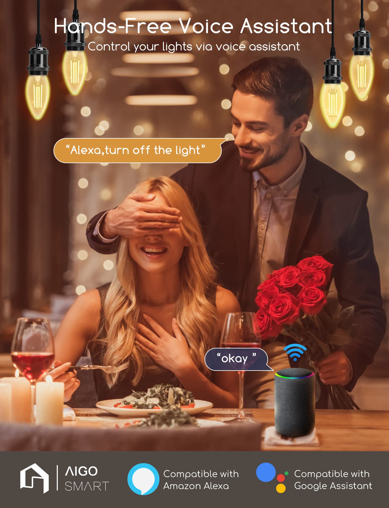 Aigostar Ampoule Connectée Alexa E27 4.5W Edison Ampoules Vintage WiFi C35 Ampoule Intelligent Retro, Compatible avec Alexa et Google Home, Dimmable 2700K-6500K, ambre 4 PCS
