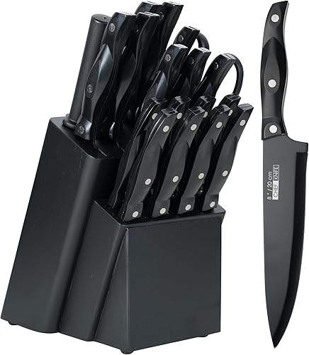 Juego de cuchillos de cocina de triple remache de 17 piezas con cuchillas de acero inoxidable de alto carbono, mango ABS negro y bloque de madera,