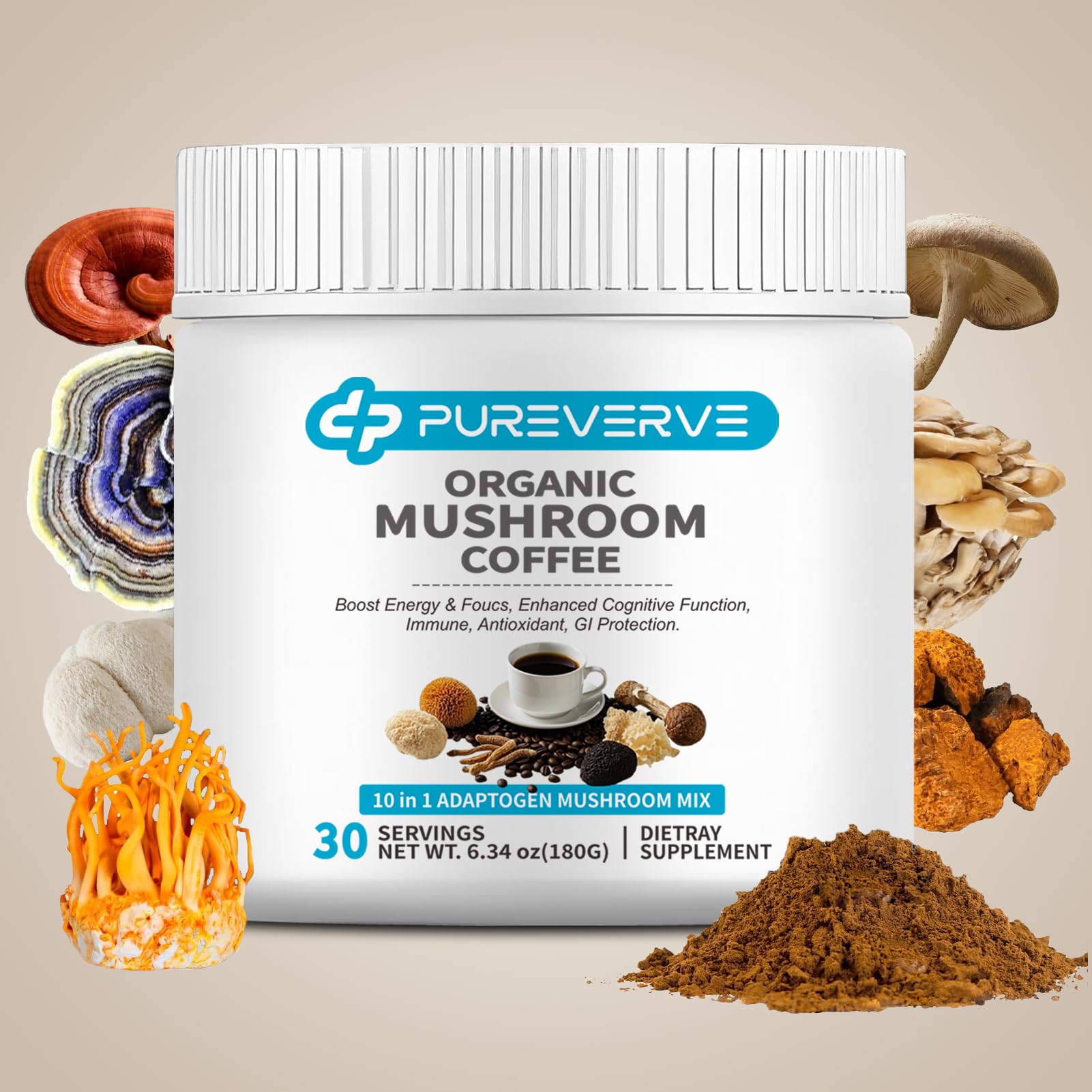 Pureverve Café instantâneo de cogumelos orgânicos, mistura com 10 cogumelos, 30 porções