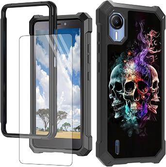for At&t Calypso 4 Phone Case for Cricket Debut S2 Case with Screen Protector Hard PC + Soft TPU Shock Proof Protective Cover for At&t Calypso 4 6.1 inch - Fire ice Skull