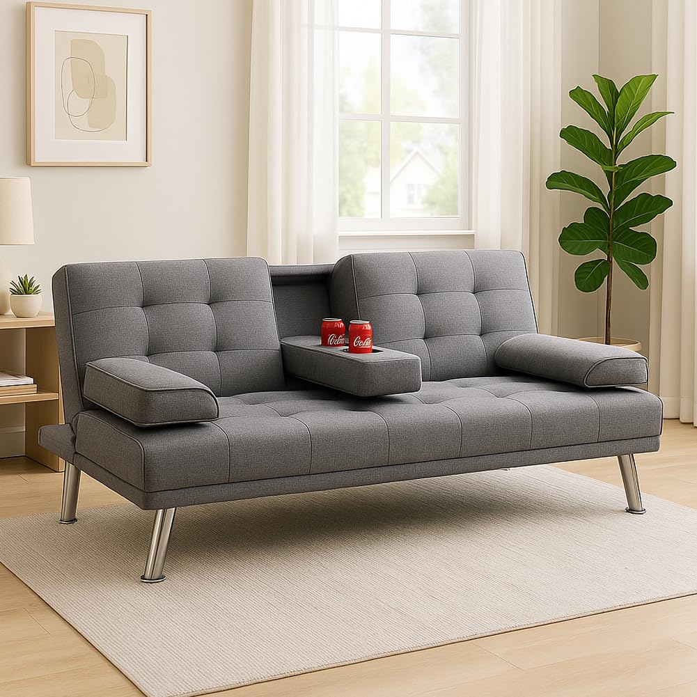 BAKAJI Divano Letto Convertibile 2 in 1 con Bracciolo Portabibite, Imbottitura Ergonomica ad Alta Densità, Divanetto con Apertura Clic Clac con Gambe Cromate, Ideale per Soggiorno (Tessuto Grigio)