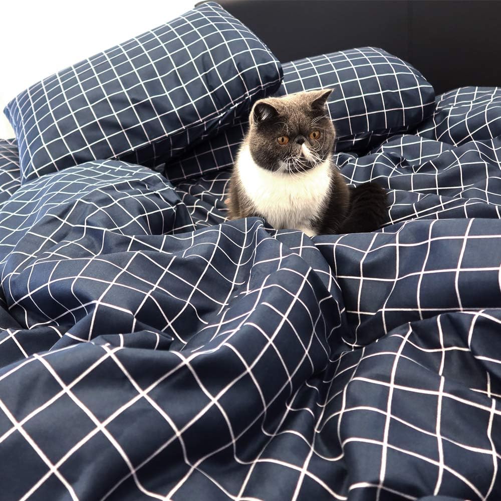 Opcloud Microfiber Lightweight Duvet Cover Set, Queen Dark Blue Grid Bedding Set，3PCS with Zipper Closure Corner Ties Comforter Cover