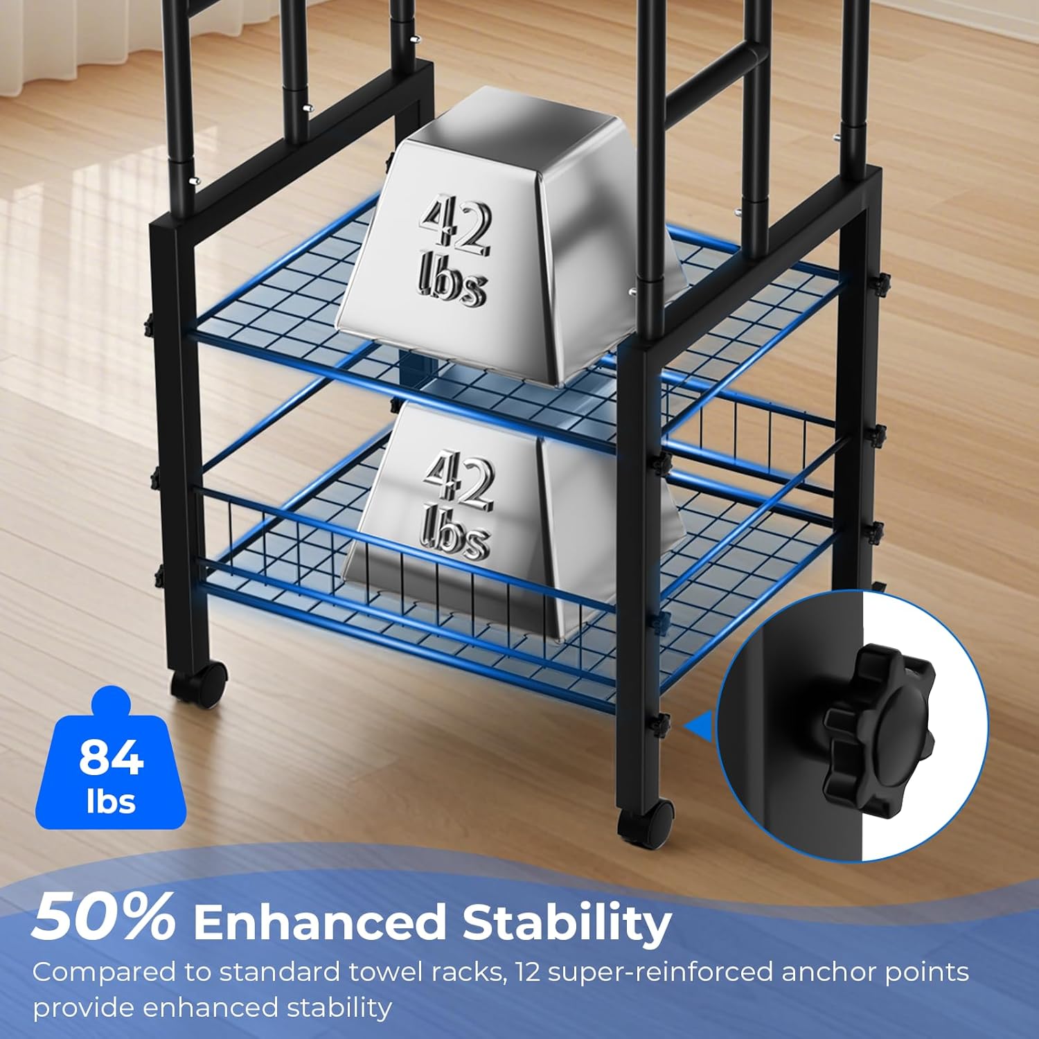 Kayfia 42.7" H Standing Towel Racks for Bathroom with Wheels, Upgraded Large Size 3 Tier Metal Blanket Rack Stand with Shelf and Basket, Storage for Oversized Bath Towels Bathroom Pool Accessories