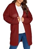 Eytino Women Plus Size Open Front Long Sleeve Hollow Out Oversize Long Knit Cardigans Sweater,4X Ruby