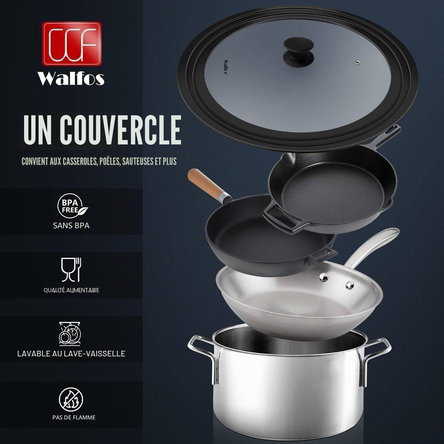 Walfos Couvercle universel pour casseroles, poêles et poêles – Convient aux ustensiles de cuisine de 33 cm, 36 cm et 38 cm de diamètre – Couvercle en verre avec bord en silicone résistant à la chaleur