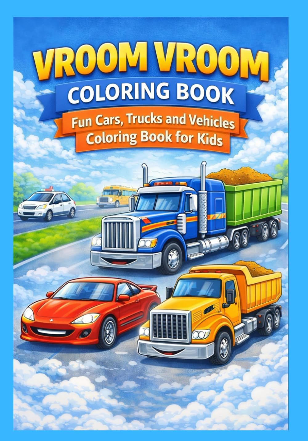 Vroom Vroom Coloring Book Fun Cars, Trucks and Vehicles Coloring Book for Kids: Easy and Cute Vehicle Coloring Pages for Toddlers and Kids Ages 2–6