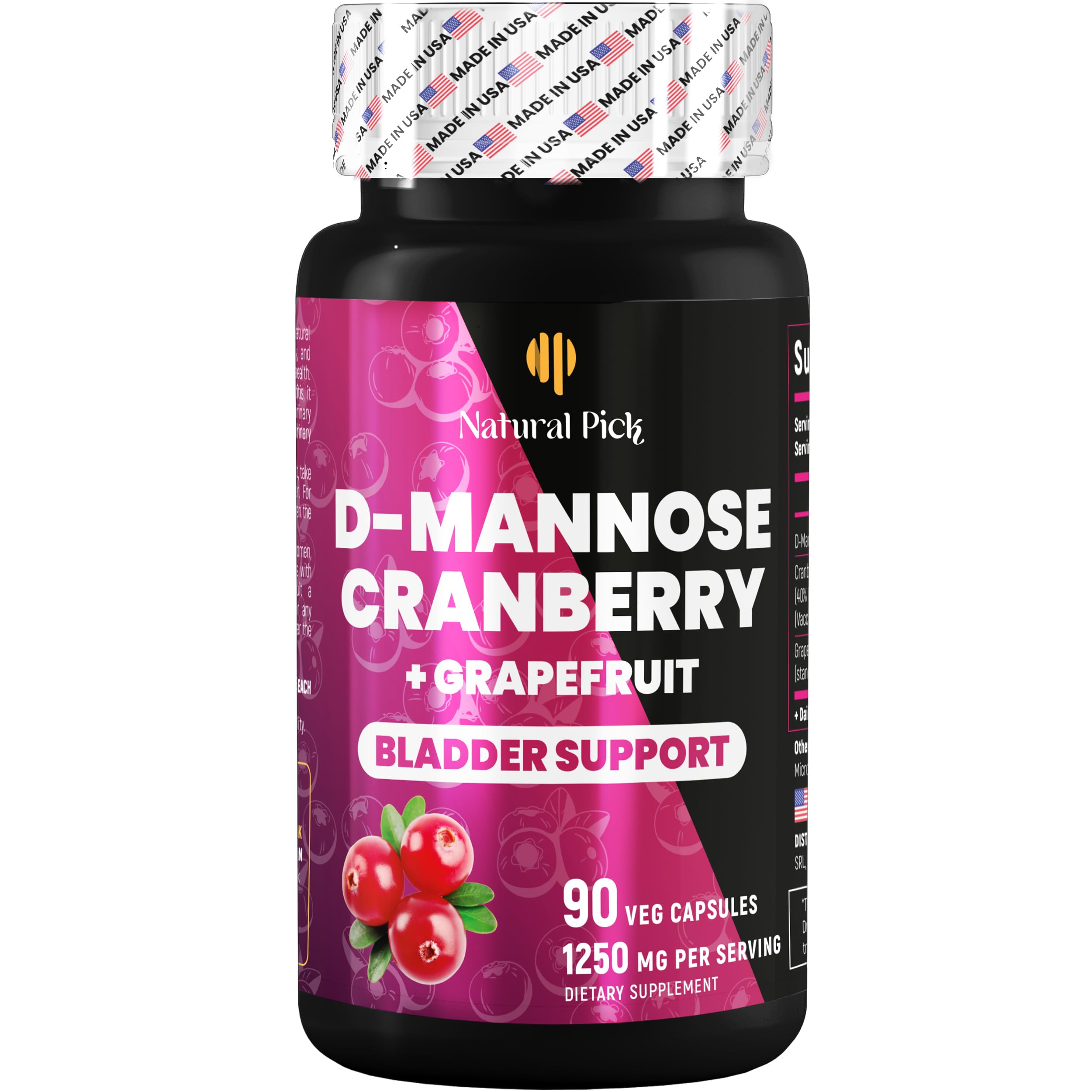 Bladder Control Supplements, D Mannose with Cranberry, 1000mg - 90 caps