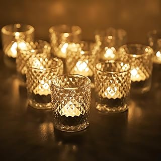 Vohocandle Clear Glass Tea Light Holder with 12, Tea Light Glasses Vintage as Room Decoration, Transparent Tea Lights Glasses as Lanterns, Table Decoration, Wedding and Birthday Party (5.5 cm x 6.5 cm