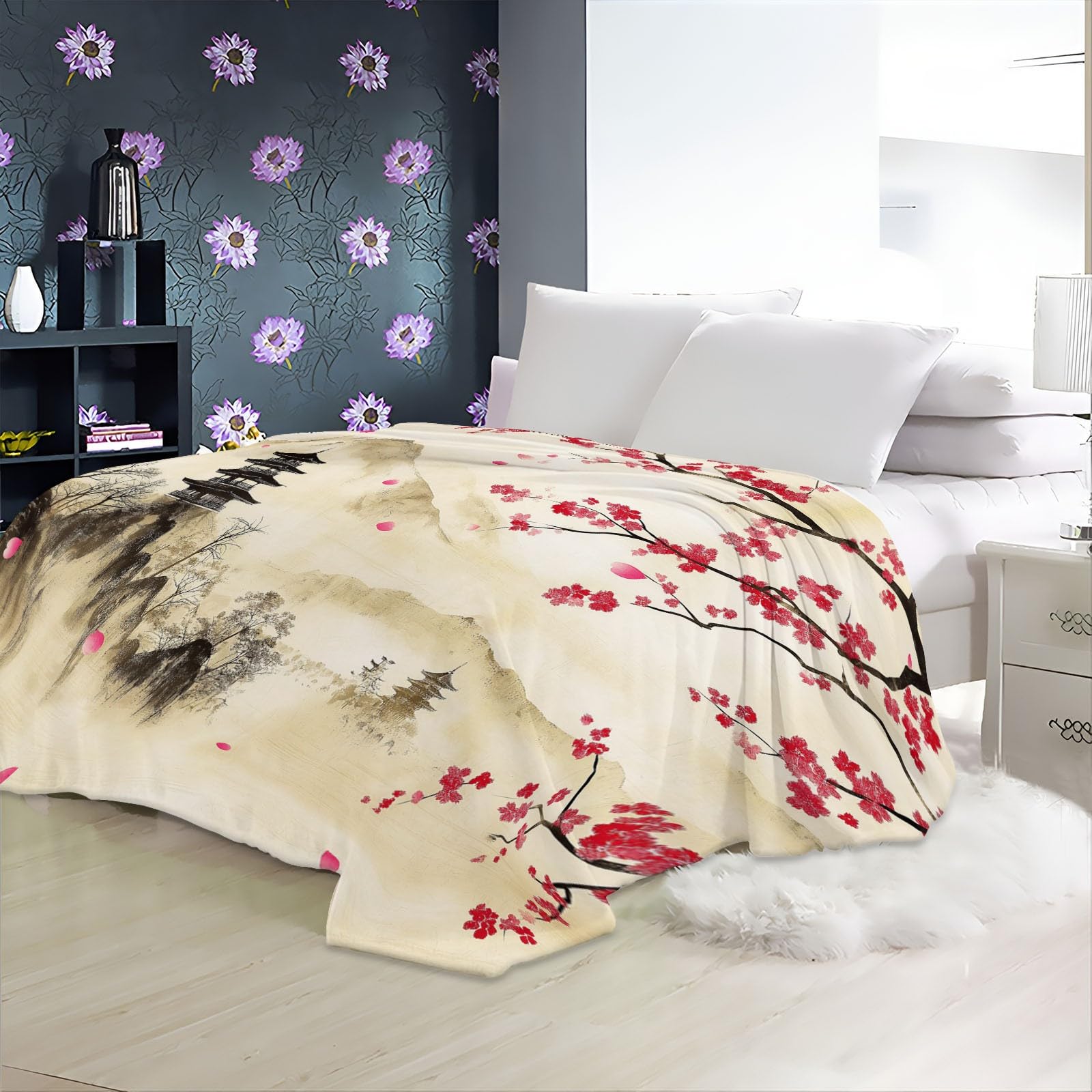 3D Couvertures Polaire Brun Flanelle Couverture Polaire Style Japonais Montagnes Pagode Fleurs De Cerisier pour Adultes Enfants Rester Chaud en Hiver Couverture en Peluche Canapé-lit 180 x 220 cm