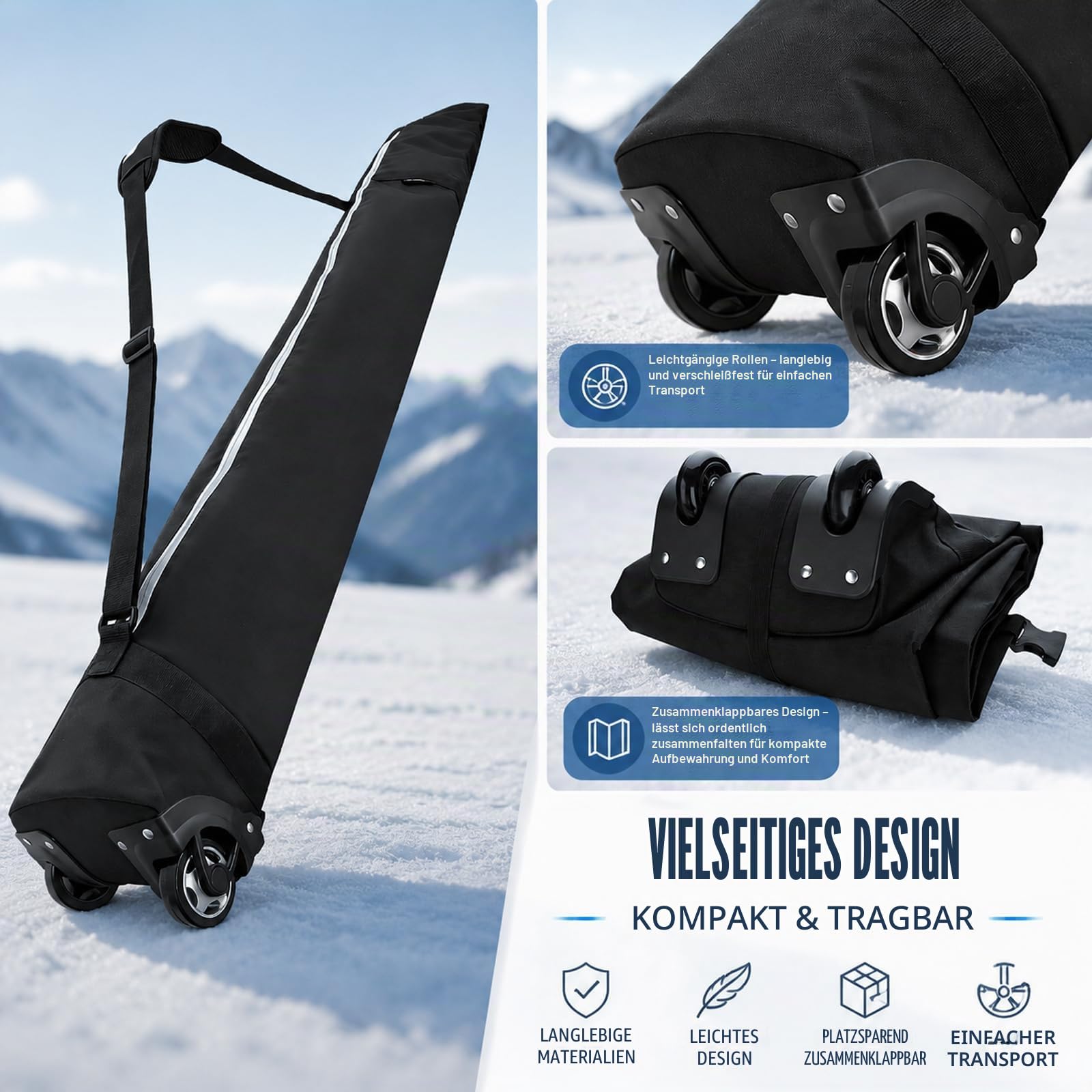 Gepolsterte Skitasche mit Rollen Skipack mit Rollen für Flugreisen, die gepolsterte Skitasche bietet Platz für Ski bis zu 200 cm.