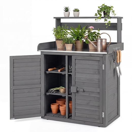 Goplus Garden Potting Bench Table with Stainless Steel Tabletop