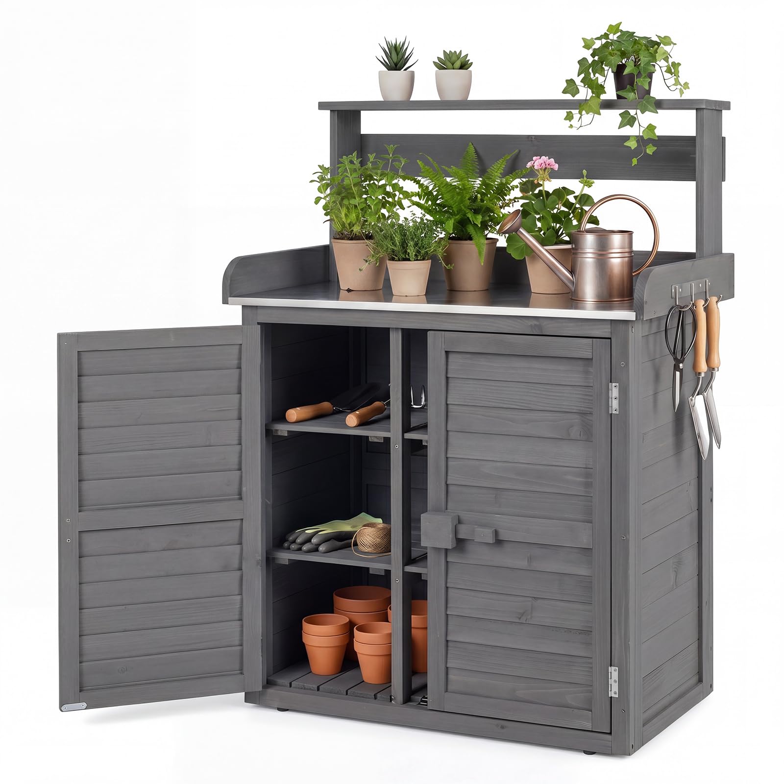 COSTWAY Armadietto da Esterno in Legno a 2 Livelli con Piano di Lavoro in Metallo Zincato, 3 Ganci Appendiabiti, Ripiani Rimovibili e Ante a Doghe, per Giardino, Balcone e Cortile (Grigio)