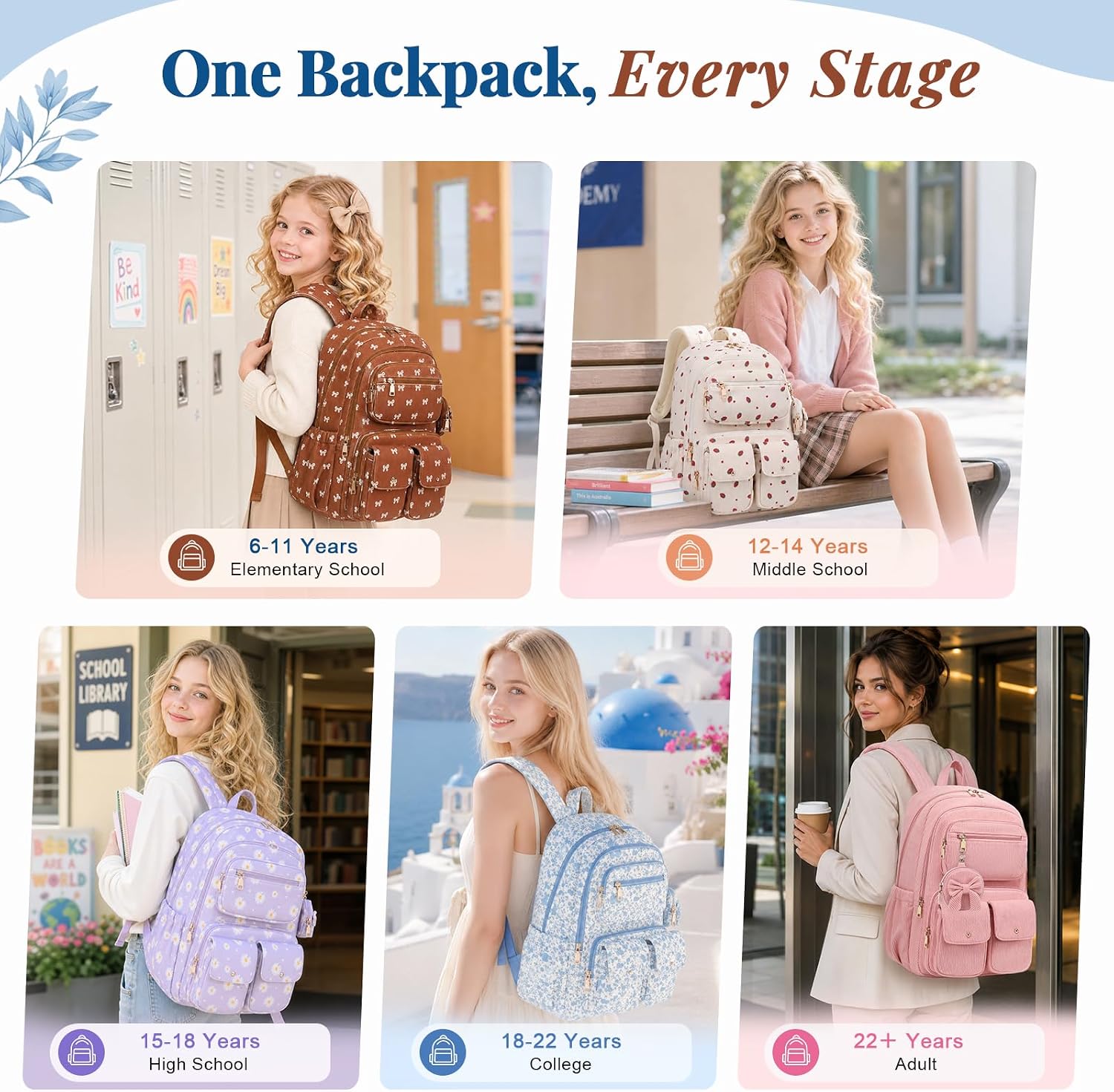 Girls Backpack, Corduroy School Backpack for Teen Bookbag for Primary Elementary Middle School College Travel Backpack for Women, Blue Flower