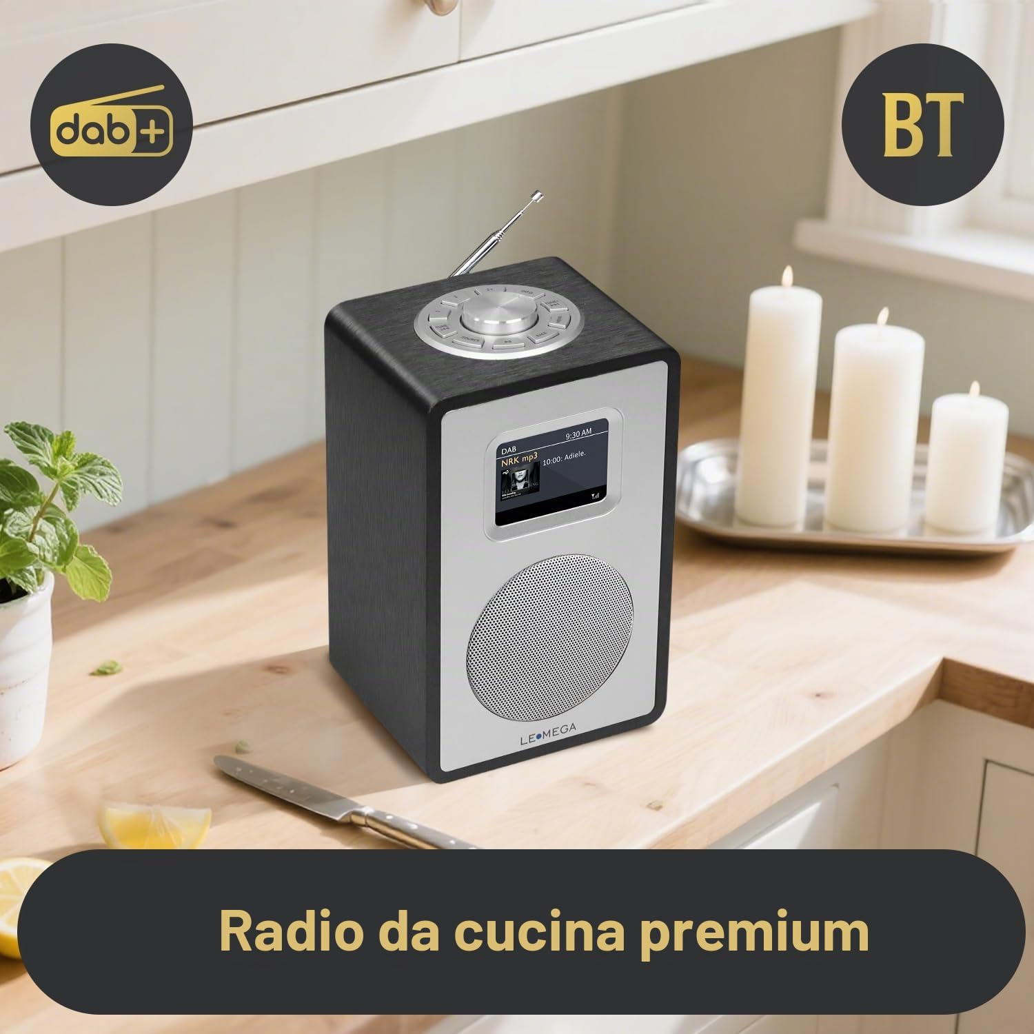 LEMEGA CR4+ Radio Digitale DAB/DAB+，Radio Altoparlante Bluetooth Portatile, Radio DAB Portatile, Radio FM da Cucina e da Letto, Mobiletto in Legno, Alimentazione a Rete e Batterie - Quercia nera