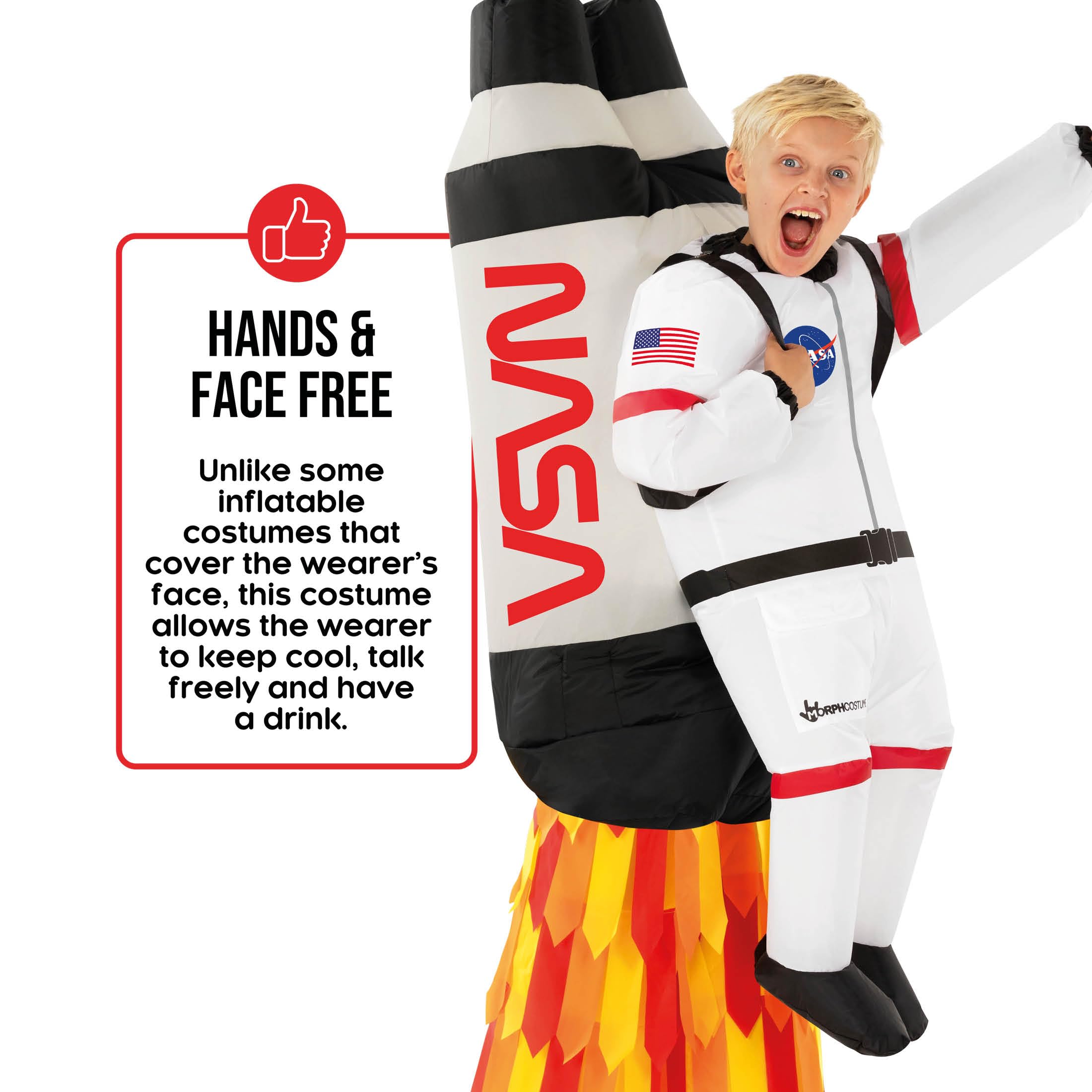 Morph Raketen Kostüm Kinder – Astronautenkostüm mit aufblasbarem Jetpack für Karneval, Fasching, Halloween – Rakete Verkleidung Jungen Mädchen – Einheitsgröße