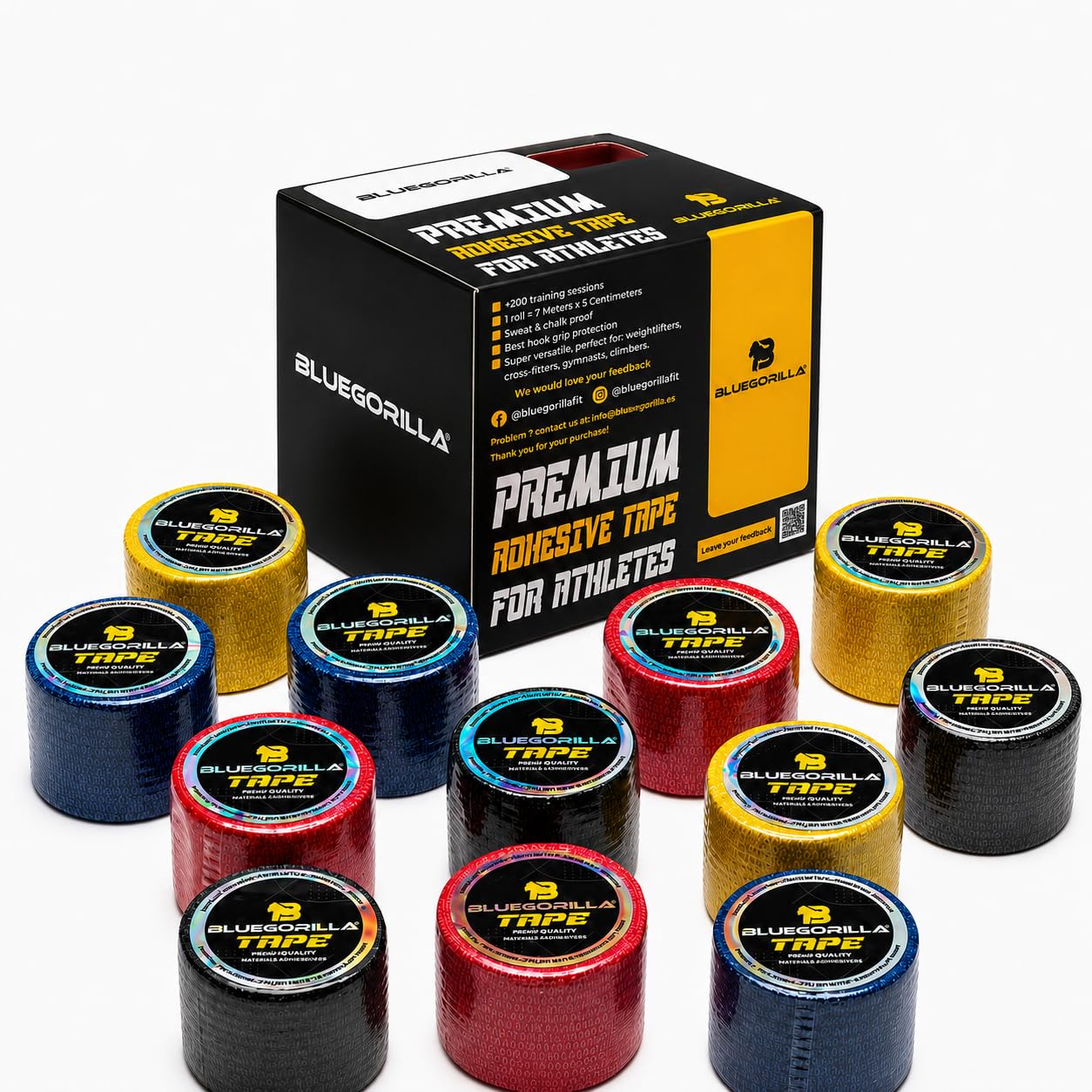 BLUEGORILLA® (Pack 12) Strap Sport 5cm x 7m - Bande Adhésive Élastique pour Doigts, Poignets et Chevilles - Bandage Autoadhésif Crossfit - Qualité Professionnelle