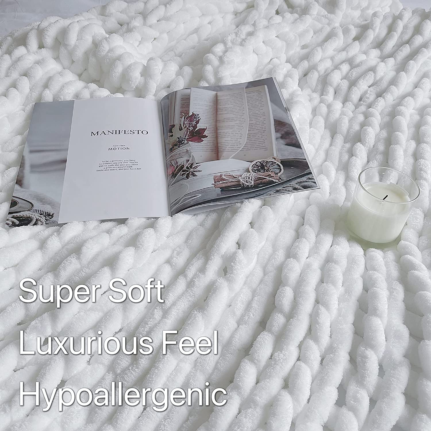 Maetoow Chenille Chunky Knit Blanket Throw ï¼ˆ30Ã—40 Inchï¼‰, Handmade Warm & Cozy Blanket Couch, Bed, Home Decor, Soft Breathable Fleece Banket, Christmas Thick and Giant Yarn Throws, White