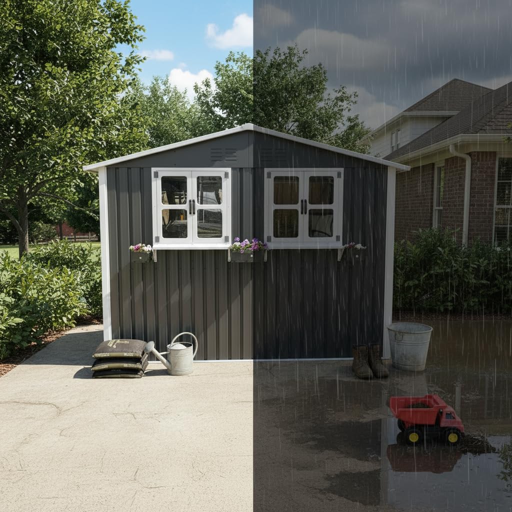 Casetta da giardino in acciaio zincato, 4,33 m², 276 x 182 x 198 cm, con 2 finestre, doppie porte chiudibili e scaffale per fiori, resistente alle intemperie, grigio (grigio, 1,8 x 2,7 m)