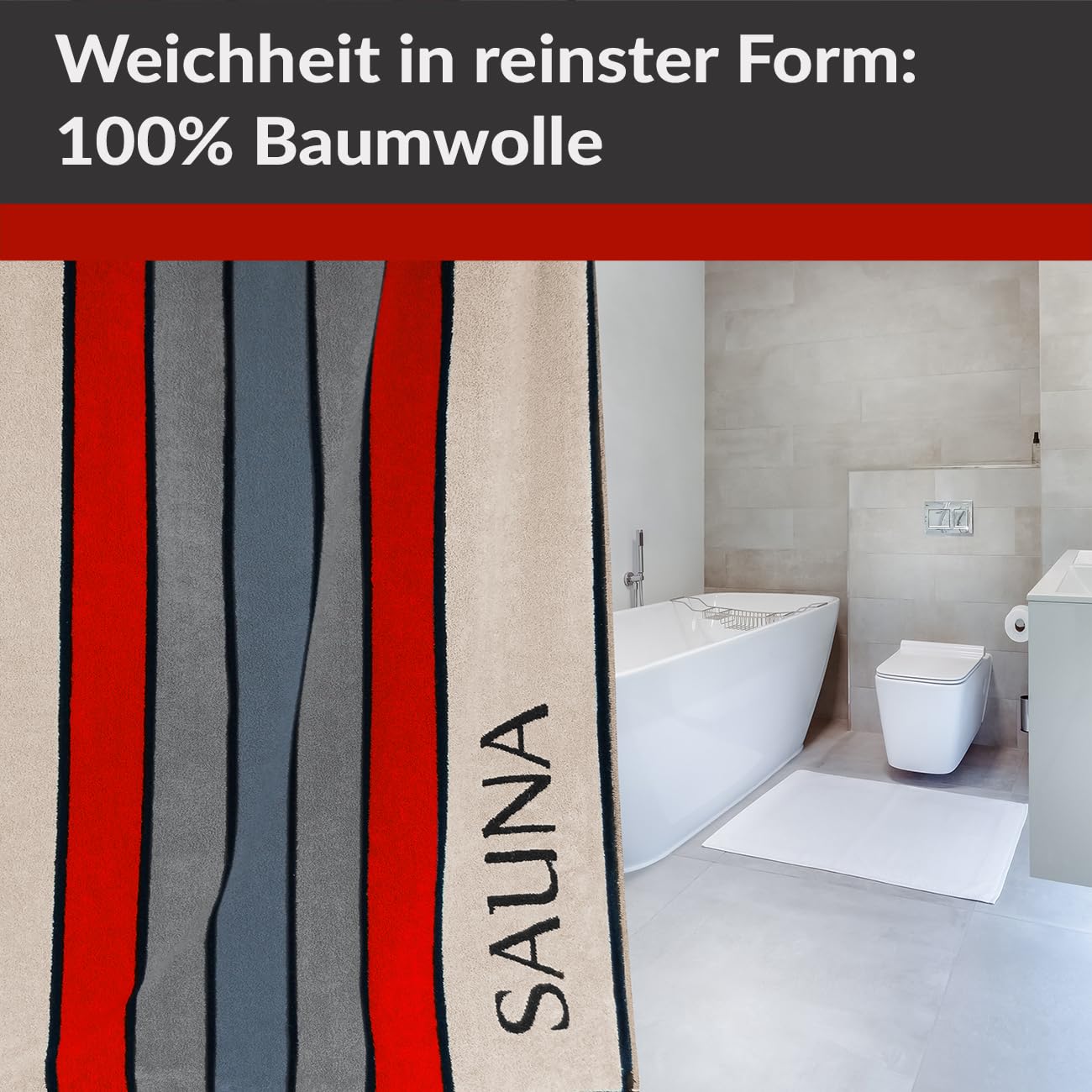 Lashuma großes Saunahandtuch 85x200 cm, Stockholm XXL Saunatuch Rot Beige | 480 GSM Frottee aus 100 % Baumwolle, saugstark und weich, für Damen und Herren, geeignet für Sauna, Wellness und Bad