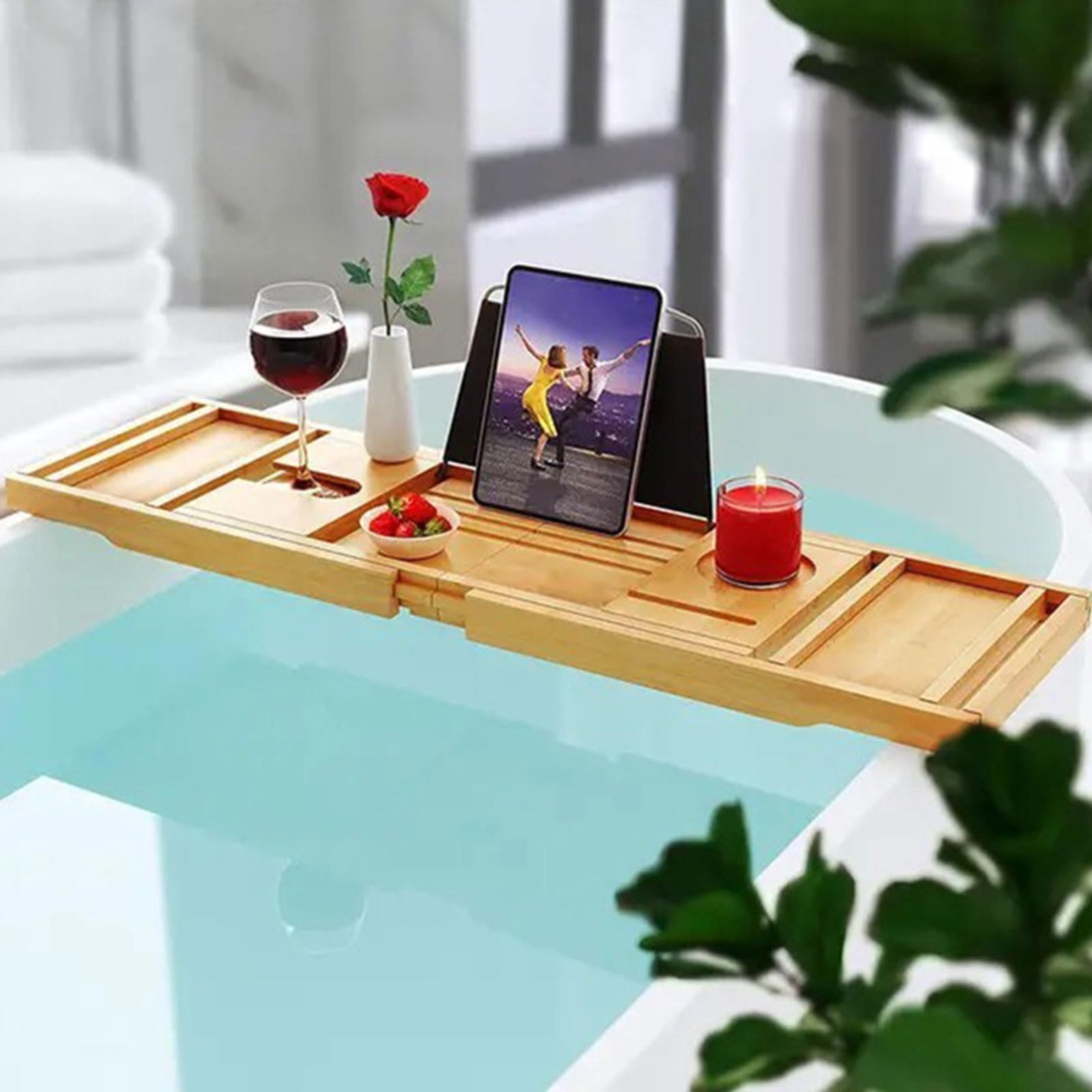 Bandeja de bañera Plegable Caddy de baño con manijas expandibles, Copa de Vino y Soporte para tabletas, Soporte de Libros, Organizador de Almacenamiento de bañera, Titulares de bañera