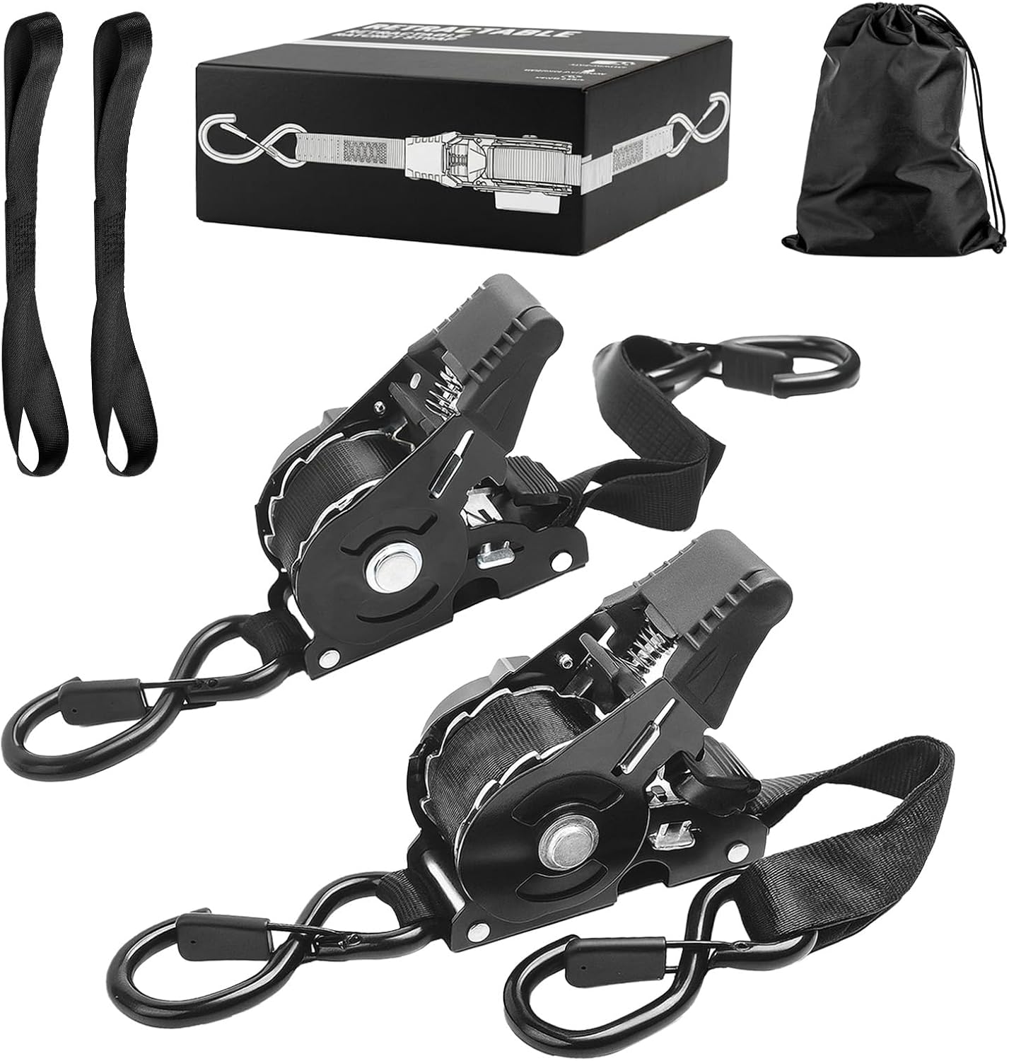 Retractable Ratchet Strap Heavy Duty 2 Pack 10 FT 1800 LB Break Strength Ratchet Tie Down with Safety Lock S Hooks and Soft Loop Tie Down,Easy Retract for Motorcycle,Truck Securing Cargo,Car.