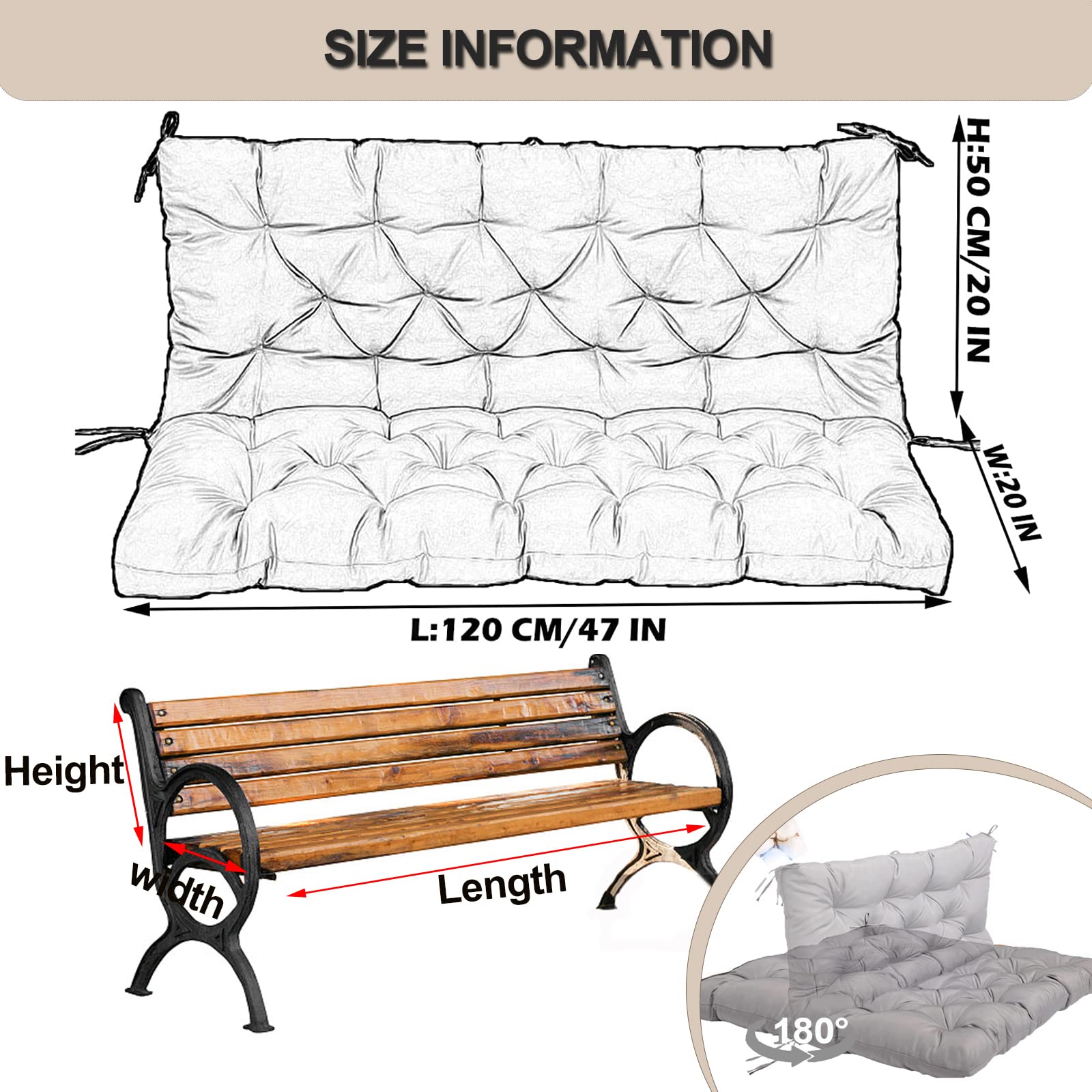 Cuscino di ricambio per dondolo da giardino a 2 o 3 posti, impermeabile, con lacci, grigio chiaro, 119,4 x 101,6 cm