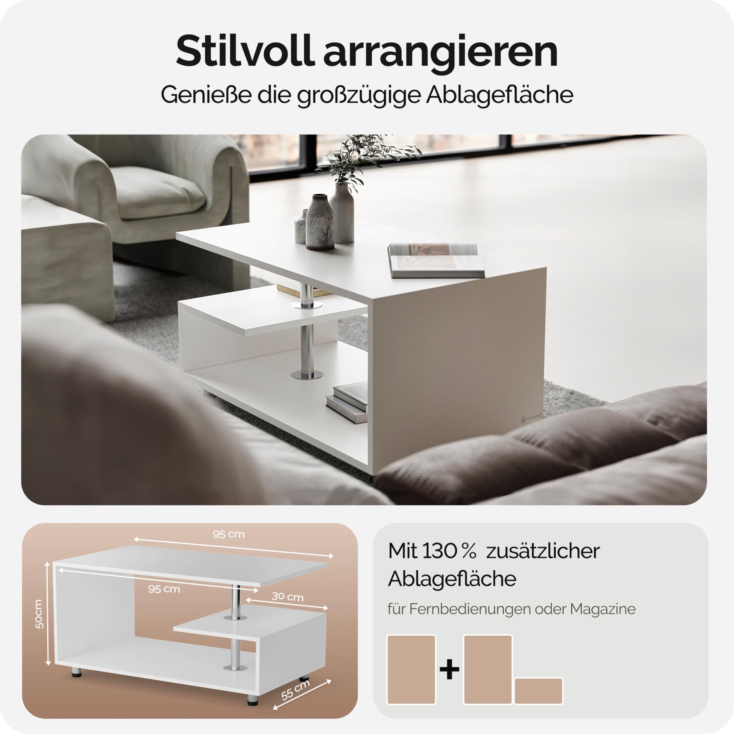 Casaria® Couchtisch Weiß Holz mit Stauraum 95x55cm Edelstahl Füße Höhenverstellbar Ablage Modern Rechteckig Beistelltisch Wohnzimmer Couch Sofa Tisch