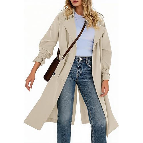 Tankaneo Womens Long Trench Coat Double Breasted Notch Lapel Lightweight Oversized Windproof Fall Overcoat with Belt