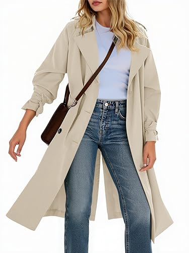 Tankaneo Womens Long Trench Coat Double Breasted Notch Lapel Lightweight Oversized Windproof Fall Overcoat with Belt