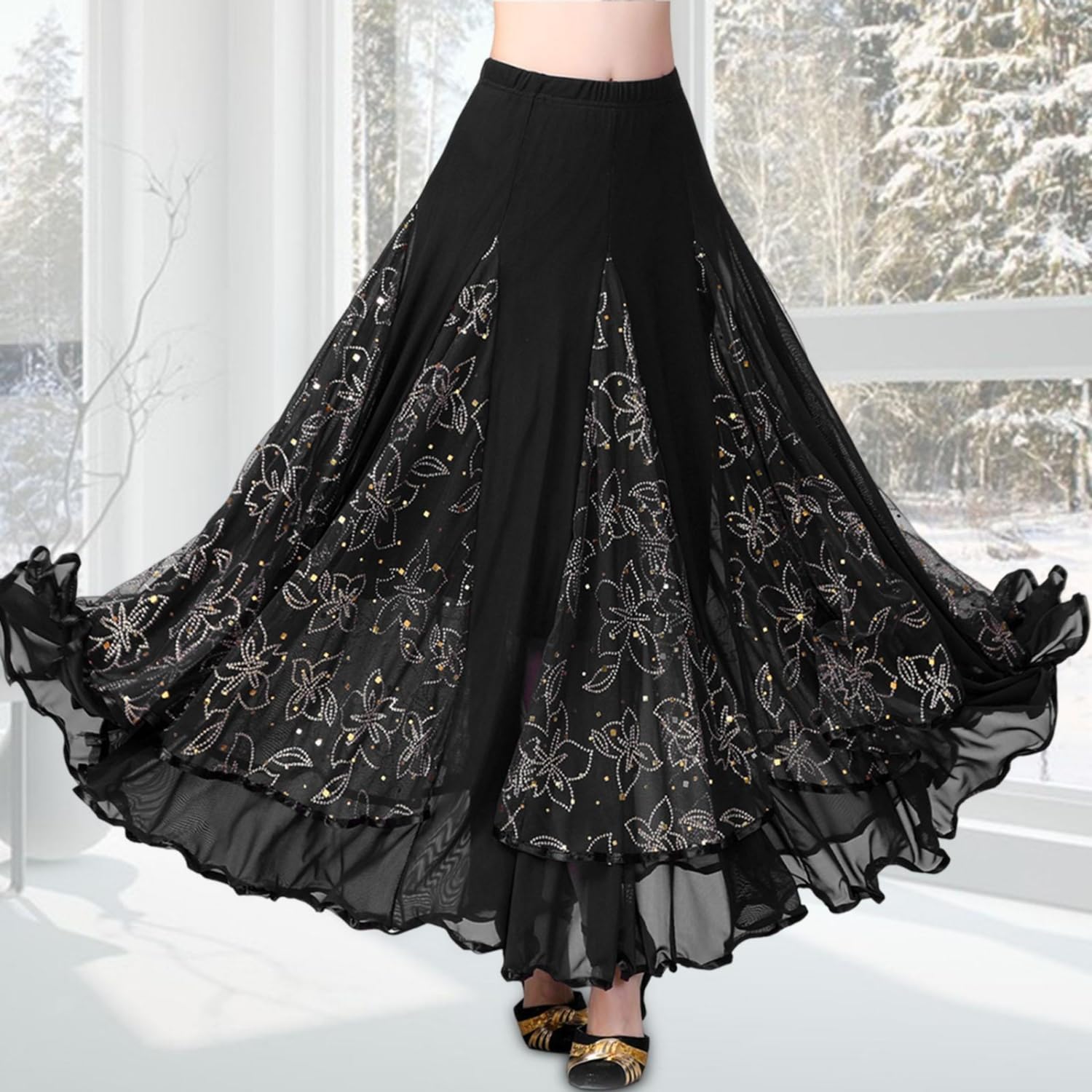 Eleganter, glitzernder Blumenrock, Ballsaal, Tanz, Latein-Tanz, Party, langer Swing-Rock, Vollkreis-Rock, Bauchtanzrock, Rüschenrock, Pailletten-Mesh-Rock, Walzer, Tango-Kleid für Damen