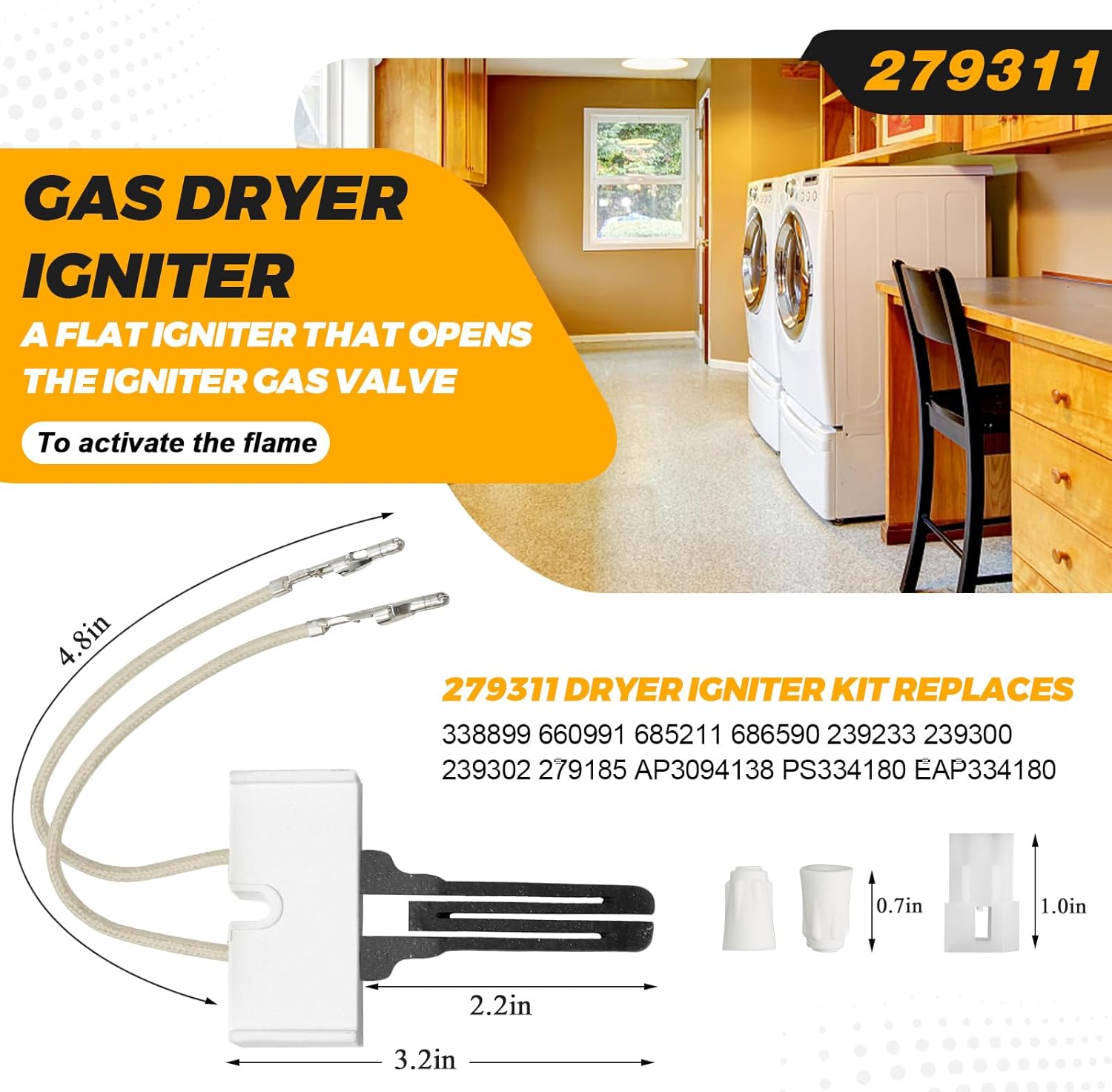 Gas Dryer Repair Kit 279311 & 338906 & 279834 Contains 279834 Gas Dryer Valve Solenoid Coil AP3094138 Igniter 338906 WP338906 Flame Sensor for Whirlpool Maytag Kenmore Dryers Gas Valve by Techecook