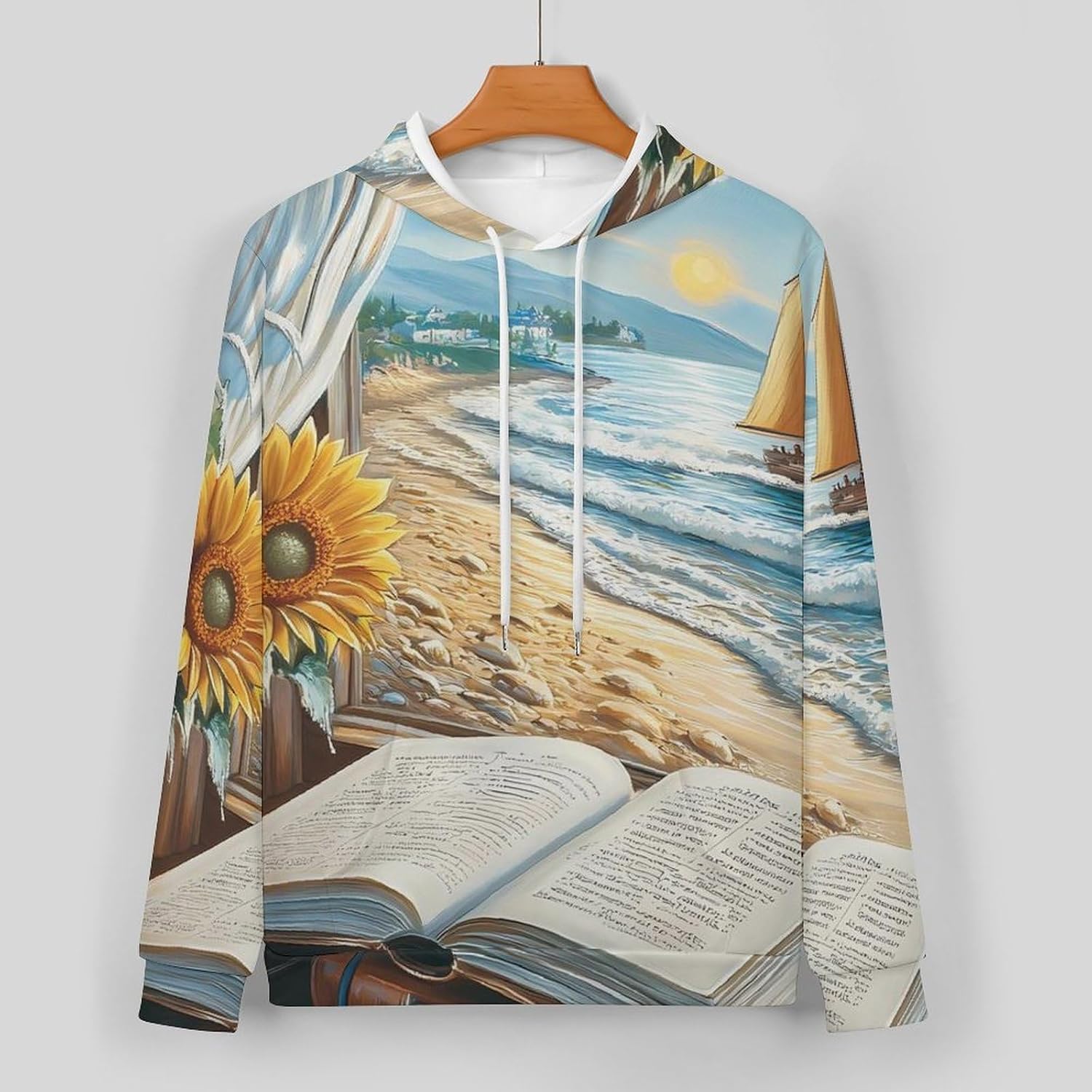 Beach Window Book Desk Sunflower Men's Hooded Set Casual 2 Pieces Suits Pullover Tracksuit Hoodies And Sweatpants