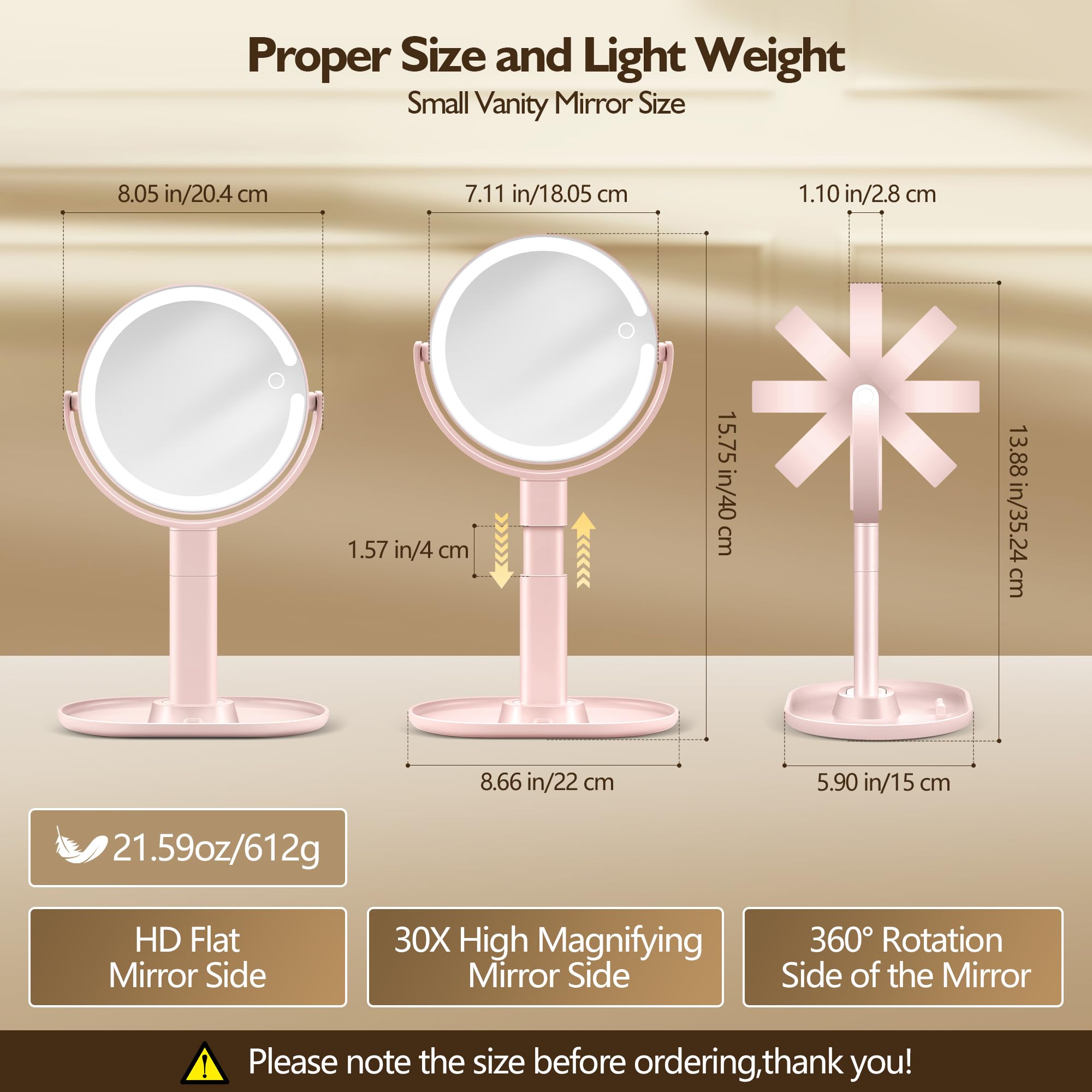 MOMOKUBA Specchio per il trucco con luci, specchio ingranditore a doppia faccia 1x/20x con luce, luci ricaricabili a 3 colori e luminosità regolabile, rotazione a 360° rimovibile (rosa)