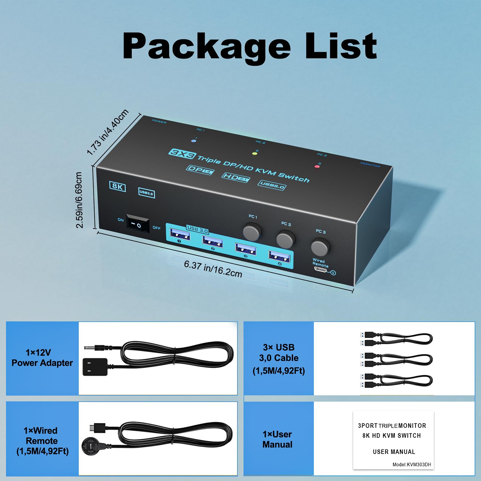 8K/4K KVM Switch 3 PC 3 Monitore Triple Monitor 3 Port 2 Displayport 1.4 and HDMI 2.1 USB 3.0 KVM Switches, DP 1.4 Supports 8K@30Hz/4K@144Hz, HDMI Supports 8K@60Hz /4K@120Hz with Wired Remote