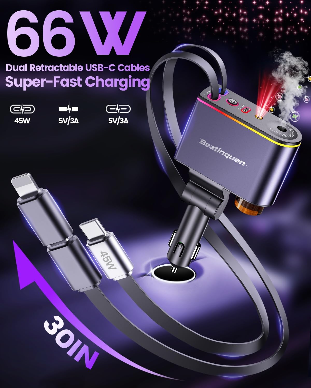 【Aktualizacja z 2026 r.】 Wysuwana ładowarka samochodowa 5 w 1 USB C - szybkie ładowanie, chowana ładowarka samochodowa do telefonu z dyfuzorem odświeżacza powietrza w samochodzie, adapter do