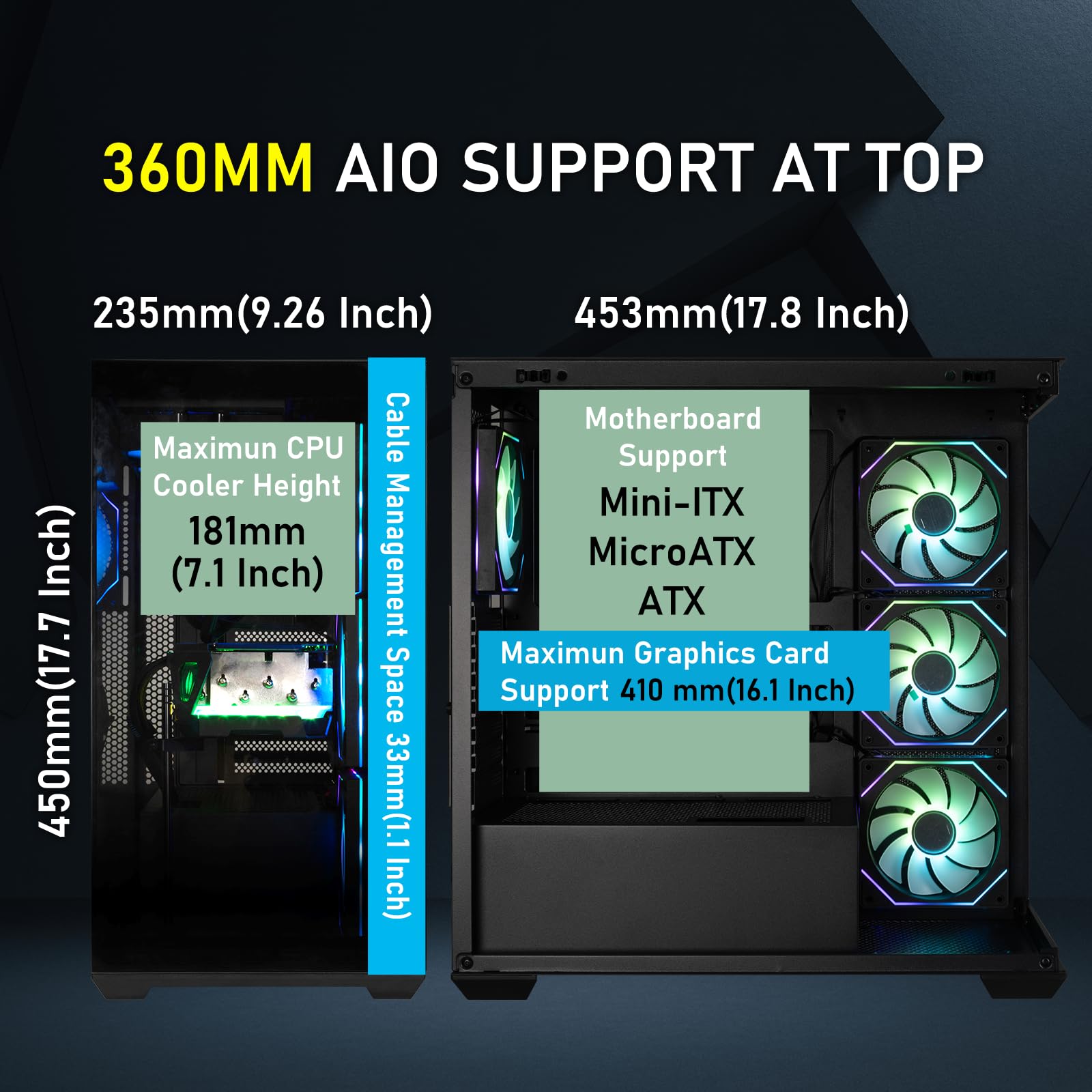 BitFenix CETO - Custodia per PC da gaming ad alto flusso d'aria nero - vetro temperato panoramico - compatibile con scheda madre a collegamento inverso - 4xInfinity Mirroring ARGB Fans (3X inversa